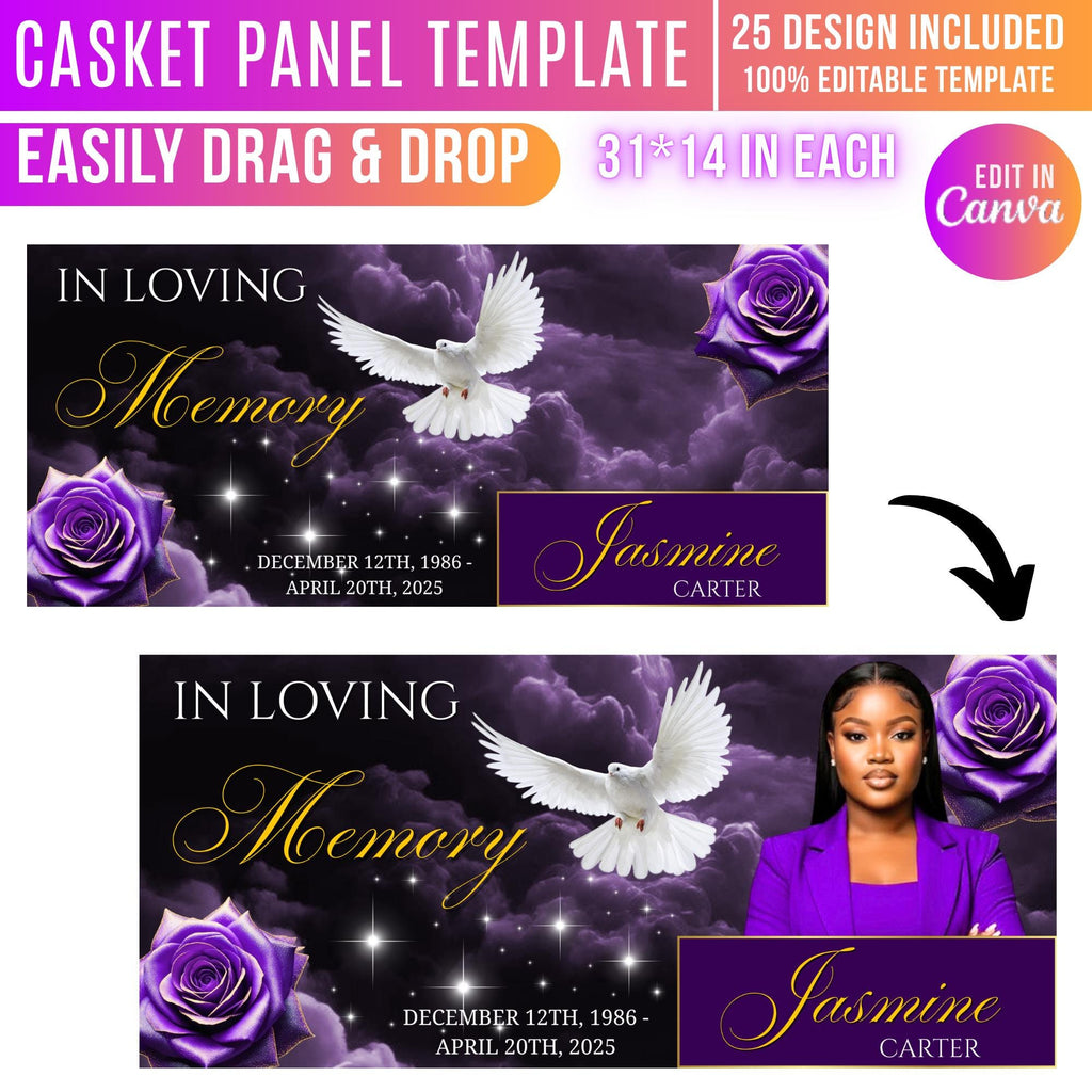 25 Memorial Casket Panel Editable Templates, Personalized Casket Panel, In Loving Memory Canva Template, Memorial Tribute, Funeral Keepsake - Editable Memorial Canva Template
