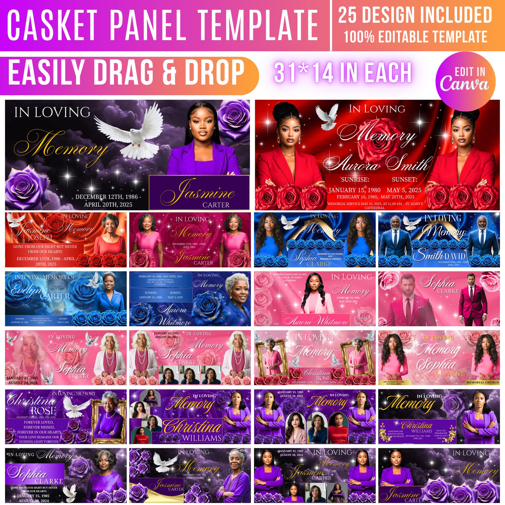 25 Memorial Casket Panel Editable Templates, Personalized Casket Panel, In Loving Memory Canva Template, Memorial Tribute, Funeral Keepsake - Editable Memorial Canva Template