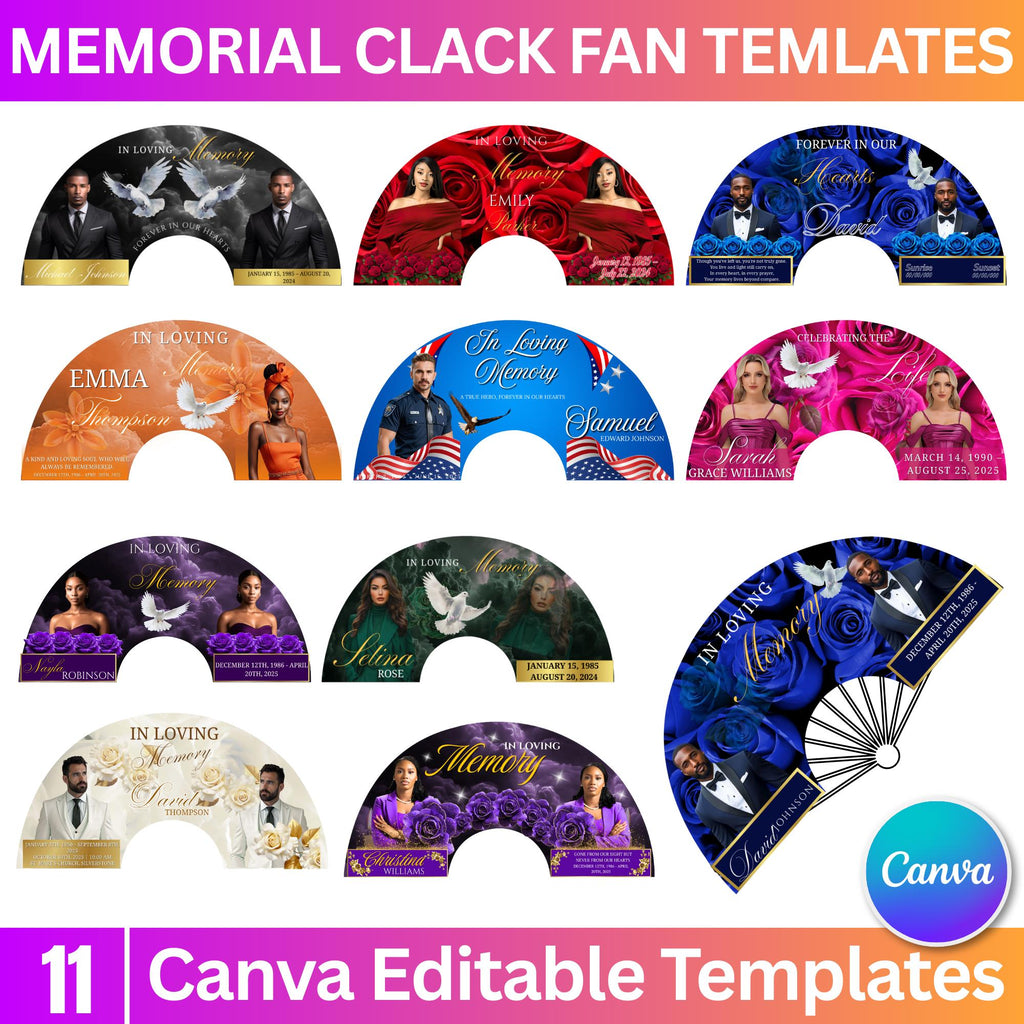 11 In Loving Memory Clack Fan Canva Editable Templates, In Loving Memory Templates, Memorial Canva Template, Funeral Memorial Clack Fan - Editable Memorial Canva Template