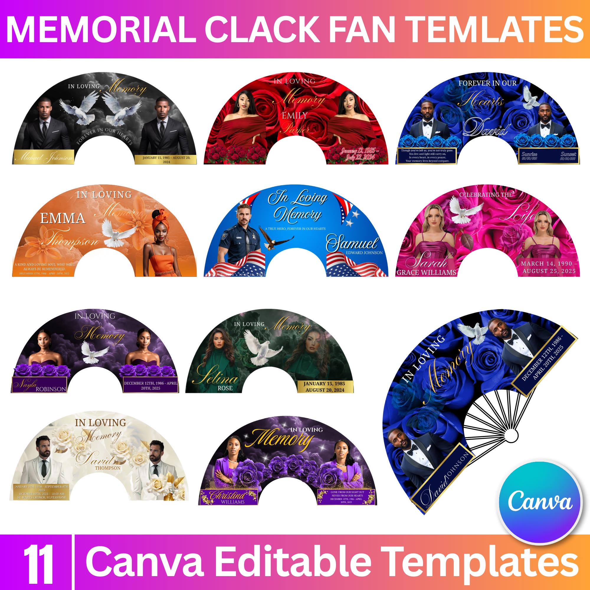 11 In Loving Memory Clack Fan Canva Editable Templates, In Loving Memory Templates, Memorial Canva Template, Funeral Memorial Clack Fan - Editable Memorial Canva Template