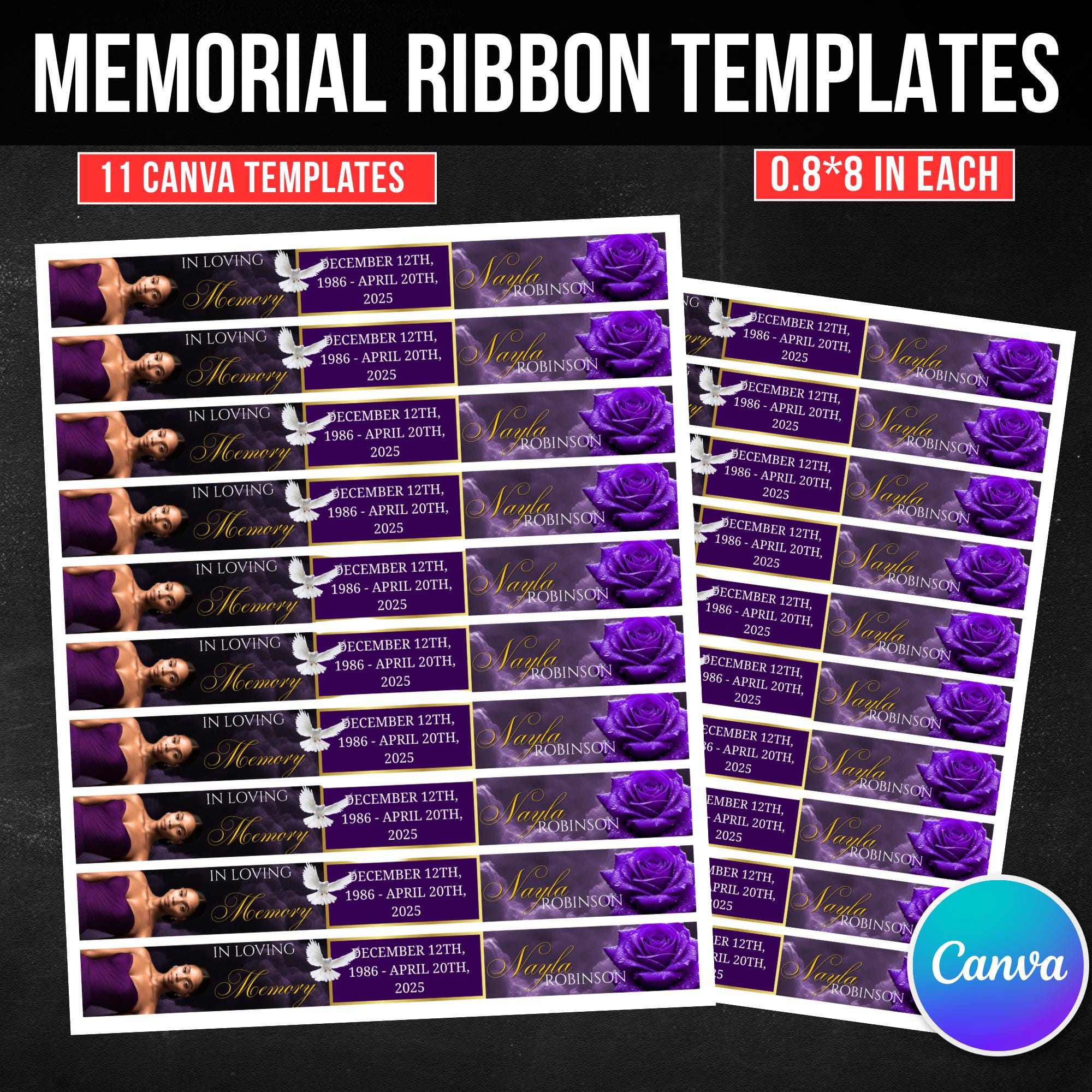 11 In Loving Memory Ribbon Canva Editable Template, Memorial Ribbon Templates, Rest in Piece Ribbon Design, Funeral Memorial Template - Editable Memorial Canva Template