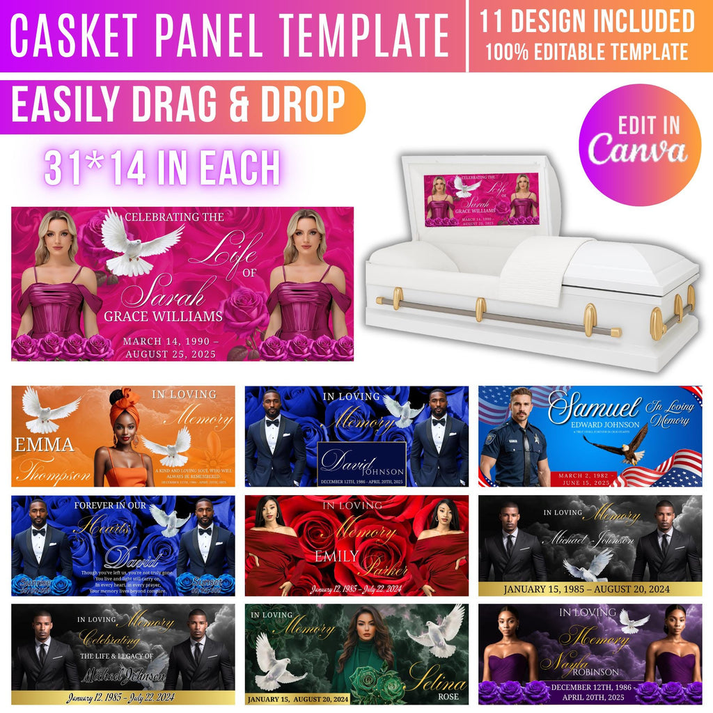 11 Memorial Casket Panel Editable Templates, Personalized Casket Panel, In Loving Memory Canva Template, Memorial Tribute, Funeral Keepsake - Editable Memorial Canva Template