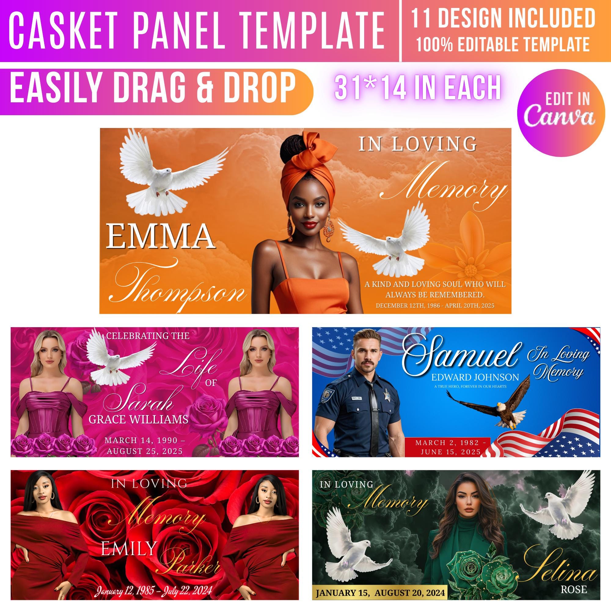 11 Memorial Casket Panel Editable Templates, Personalized Casket Panel, In Loving Memory Canva Template, Memorial Tribute, Funeral Keepsake - Editable Memorial Canva Template