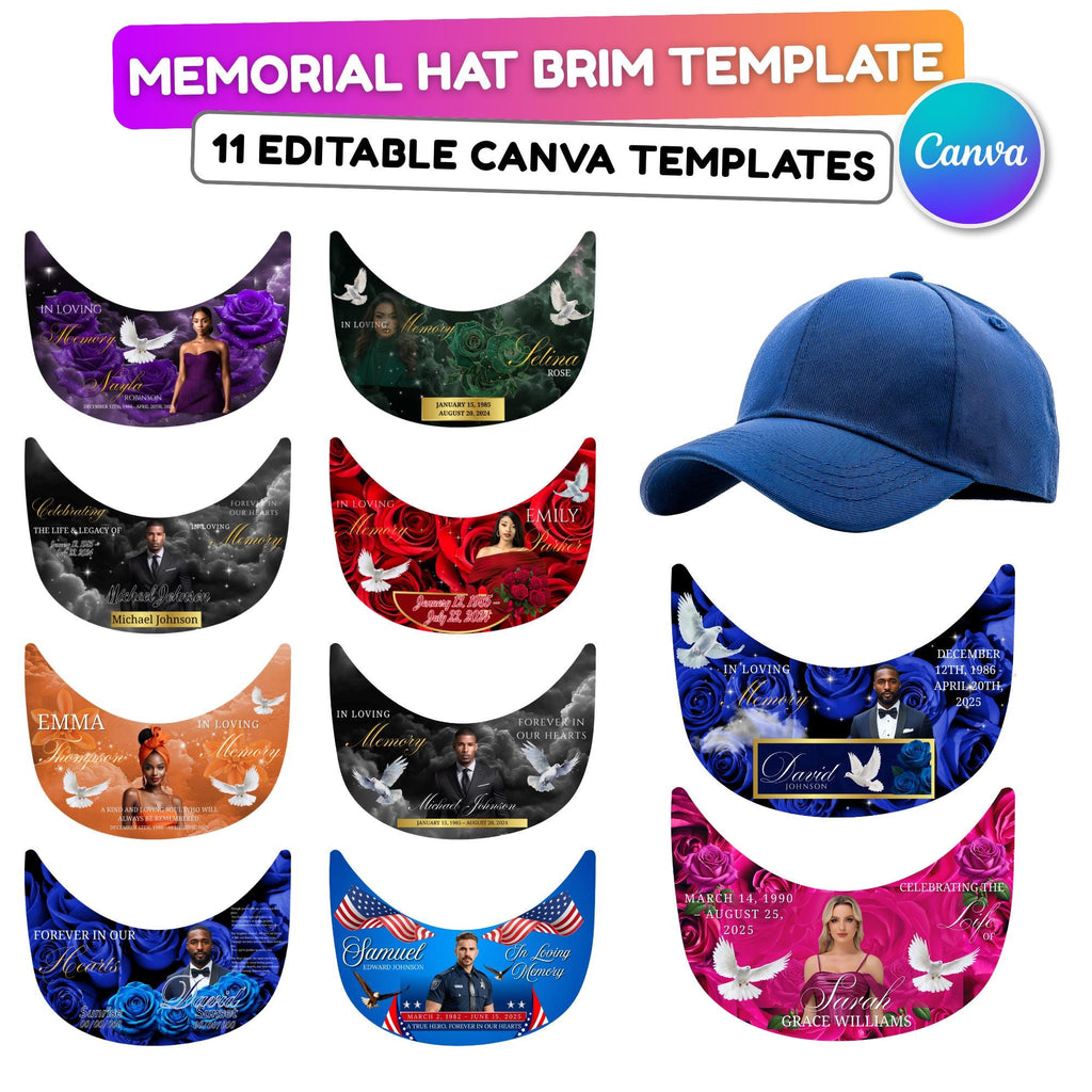 11 Editable Memorial Hat Brim Template, in loving memory Hat Brim Template, memorial Canva template, Remembrance Favor, Digital Download - Editable Memorial Canva Template