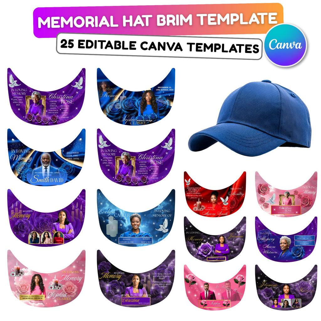 25 Editable Memorial Hat Brim Template, in loving memory Hat Brim Template, memorial Canva template, Remembrance Favor, Digital Download - Editable Memorial Canva Template