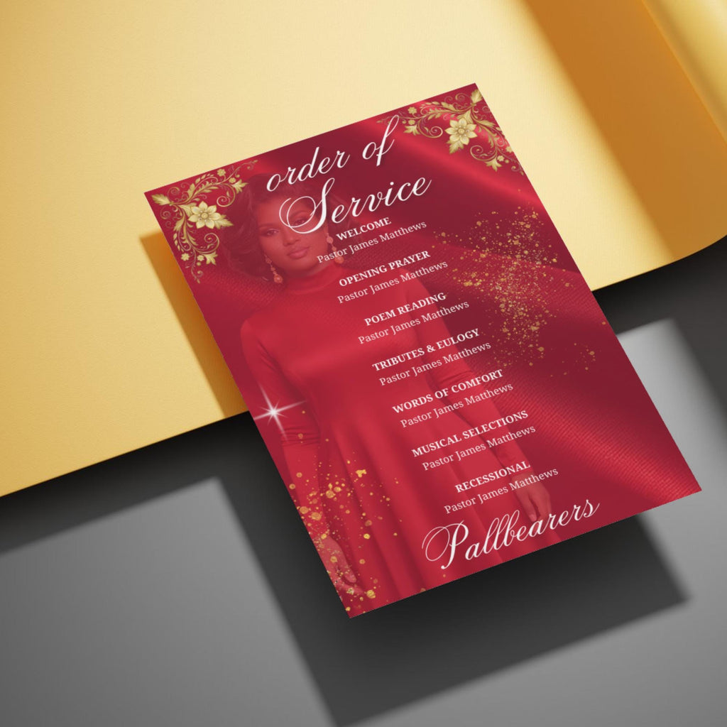 08 Pages Red In Loving Memory Funeral Program Template, Editable Bifold 11x8.5” Design, Obituary Celebration Of Life, Digital Download - Editable Memorial Canva Template