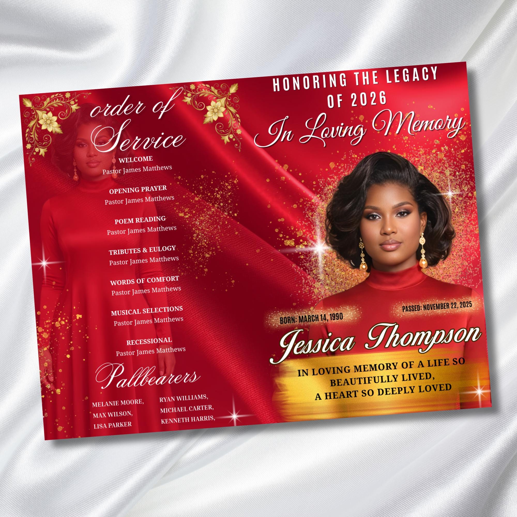 08 Pages Red In Loving Memory Funeral Program Template, Editable Bifold 11x8.5” Design, Obituary Celebration Of Life, Digital Download - Editable Memorial Canva Template