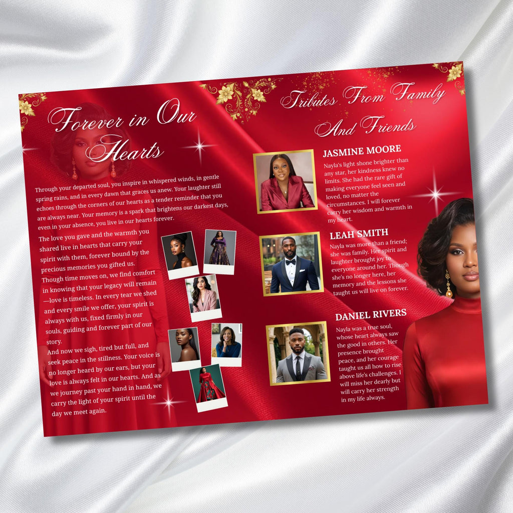 08 Pages Red In Loving Memory Funeral Program Template, Editable Bifold 11x8.5” Design, Obituary Celebration Of Life, Digital Download - Editable Memorial Canva Template