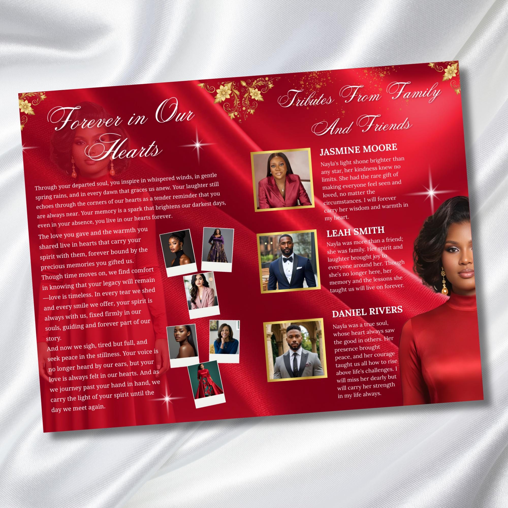 08 Pages Red In Loving Memory Funeral Program Template, Editable Bifold 11x8.5” Design, Obituary Celebration Of Life, Digital Download - Editable Memorial Canva Template