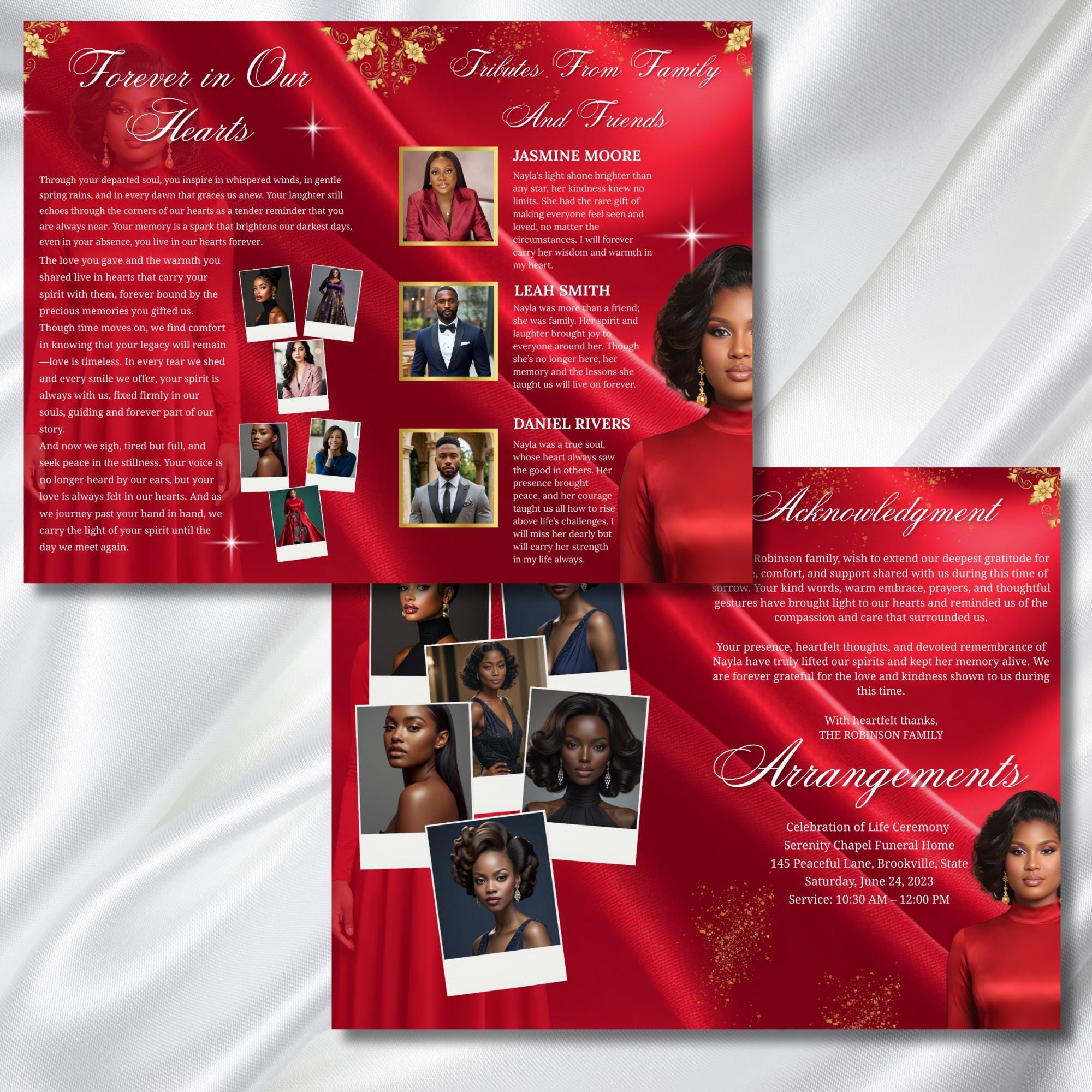 08 Pages Red In Loving Memory Funeral Program Template, Editable Bifold 11x8.5” Design, Obituary Celebration Of Life, Digital Download - Editable Memorial Canva Template