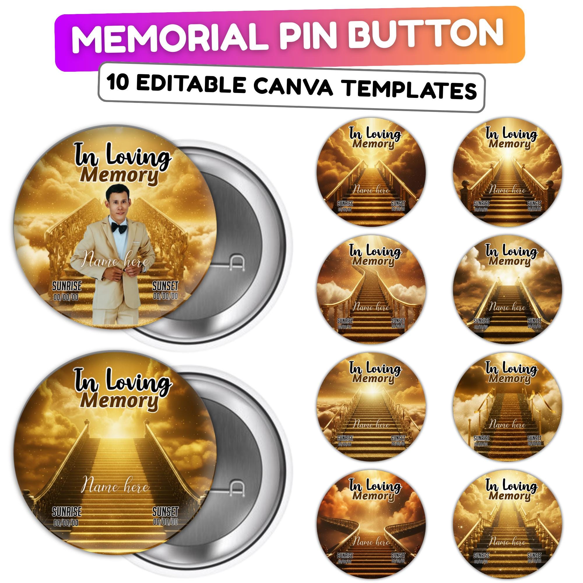 10 In Loving Memory Pin Button Canva Editable Templates, Memorial Pin Button Canva Designs, Funeral Pin Button Template, Digital Download - Editable Memorial Canva Template