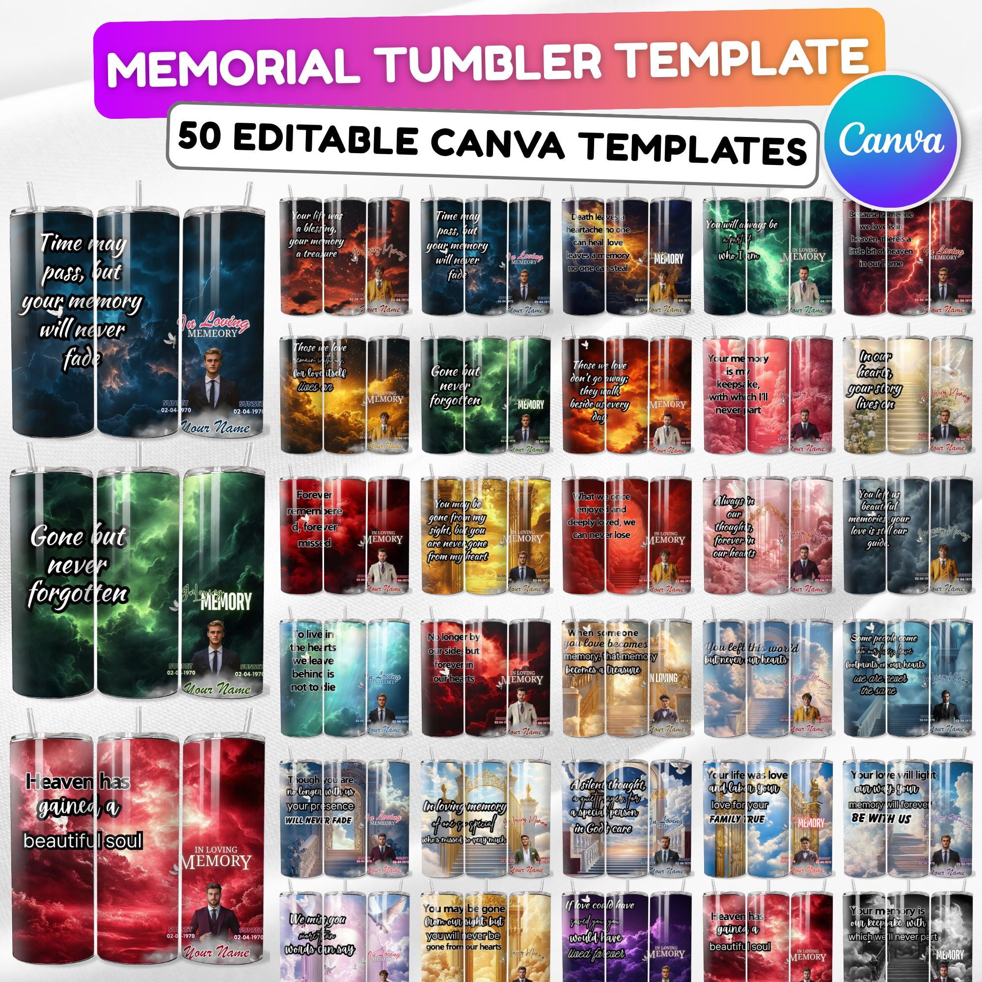 50 Memorial Tumbler Canva Editable Template Bundle, Canva Editable Template, In Loving Memory Tumbler, Add your Own Photo Canva Tumbler - Editable Memorial Canva Template