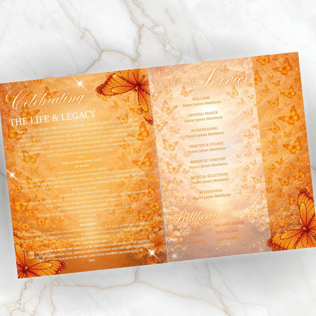 08 Pages Orange Butterfly Funeral Program Template, Bi-Fold Funeral Program, Obituary Celebration Of Life Program, Digital Download - Editable Memorial Canva Template