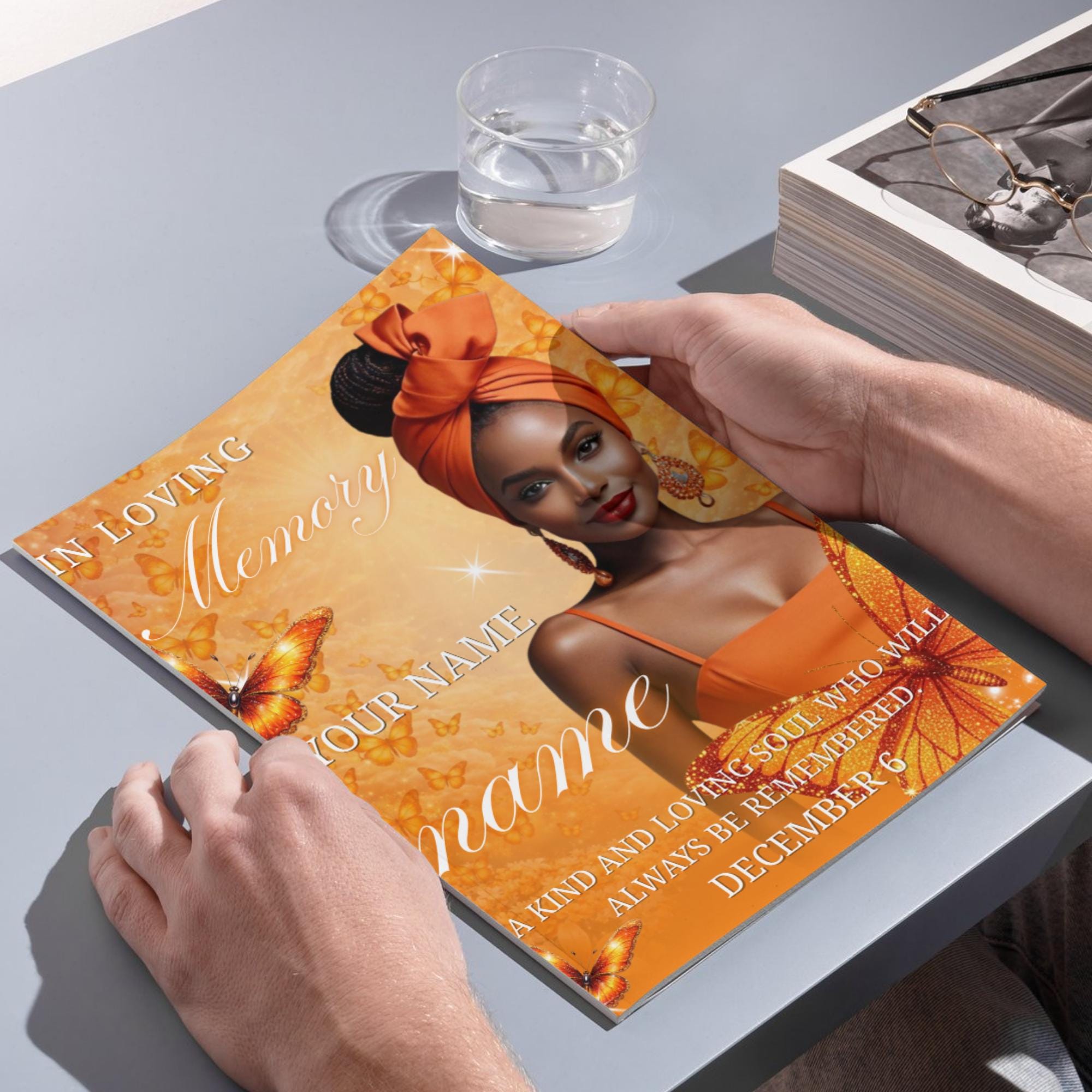 08 Pages Orange Butterfly Funeral Program Template, Bi-Fold Funeral Program, Obituary Celebration Of Life Program, Digital Download - Editable Memorial Canva Template