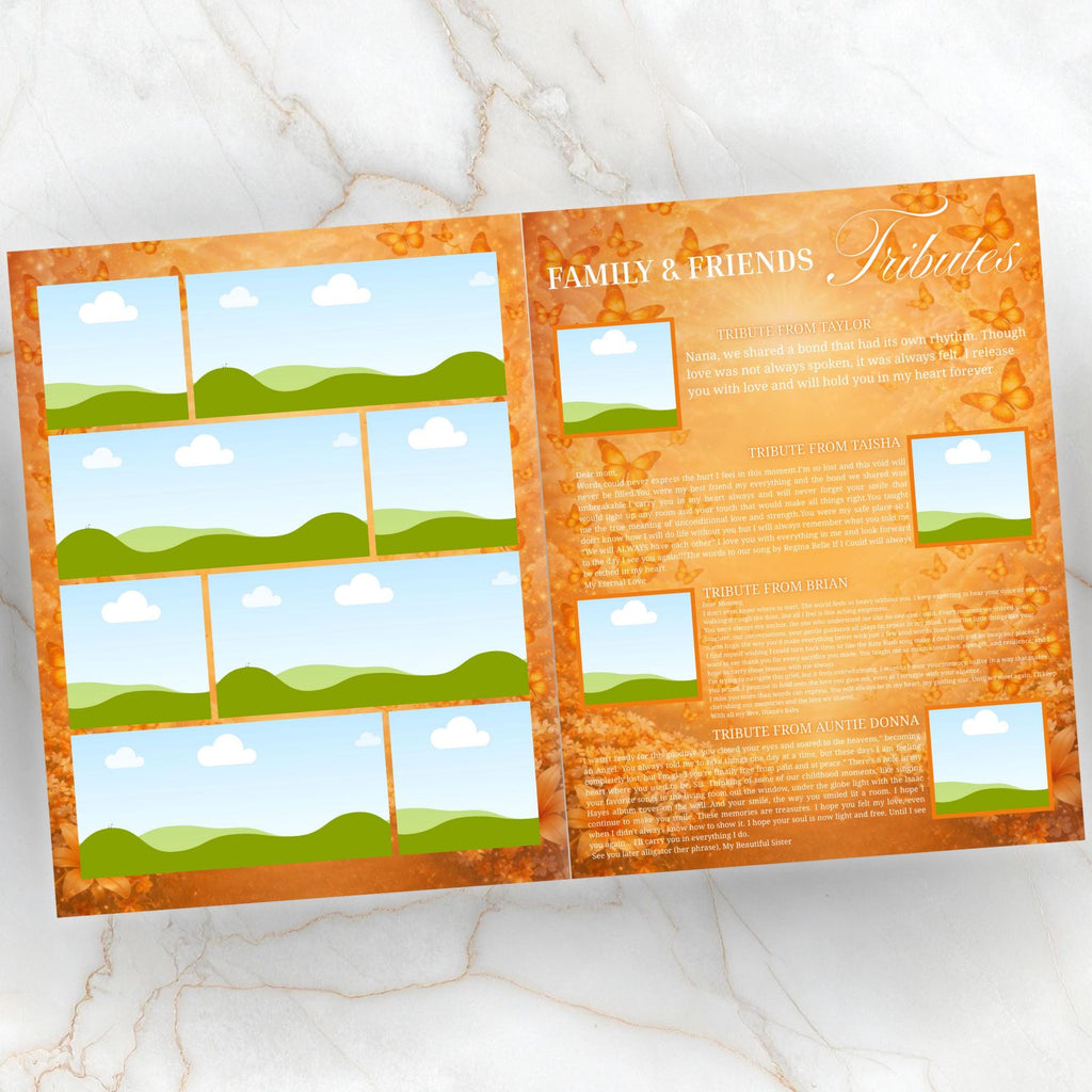 08 Pages Orange Butterfly Funeral Program Template, Bi-Fold Funeral Program, Obituary Celebration Of Life Program, Digital Download - Editable Memorial Canva Template