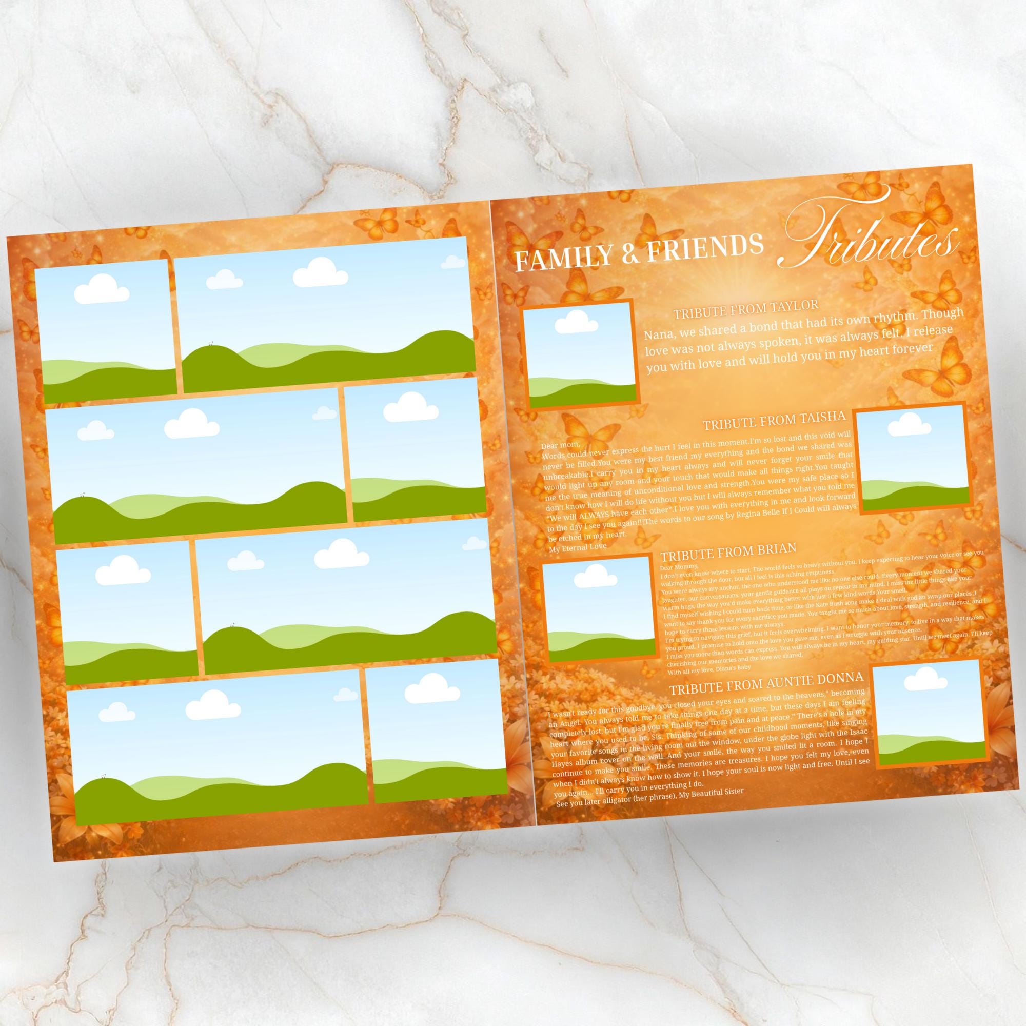 08 Pages Orange Butterfly Funeral Program Template, Bi-Fold Funeral Program, Obituary Celebration Of Life Program, Digital Download - Editable Memorial Canva Template