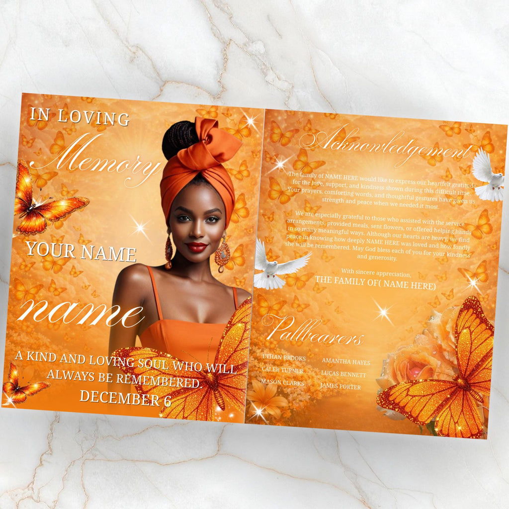 08 Pages Orange Butterfly Funeral Program Template, Bi-Fold Funeral Program, Obituary Celebration Of Life Program, Digital Download - Editable Memorial Canva Template