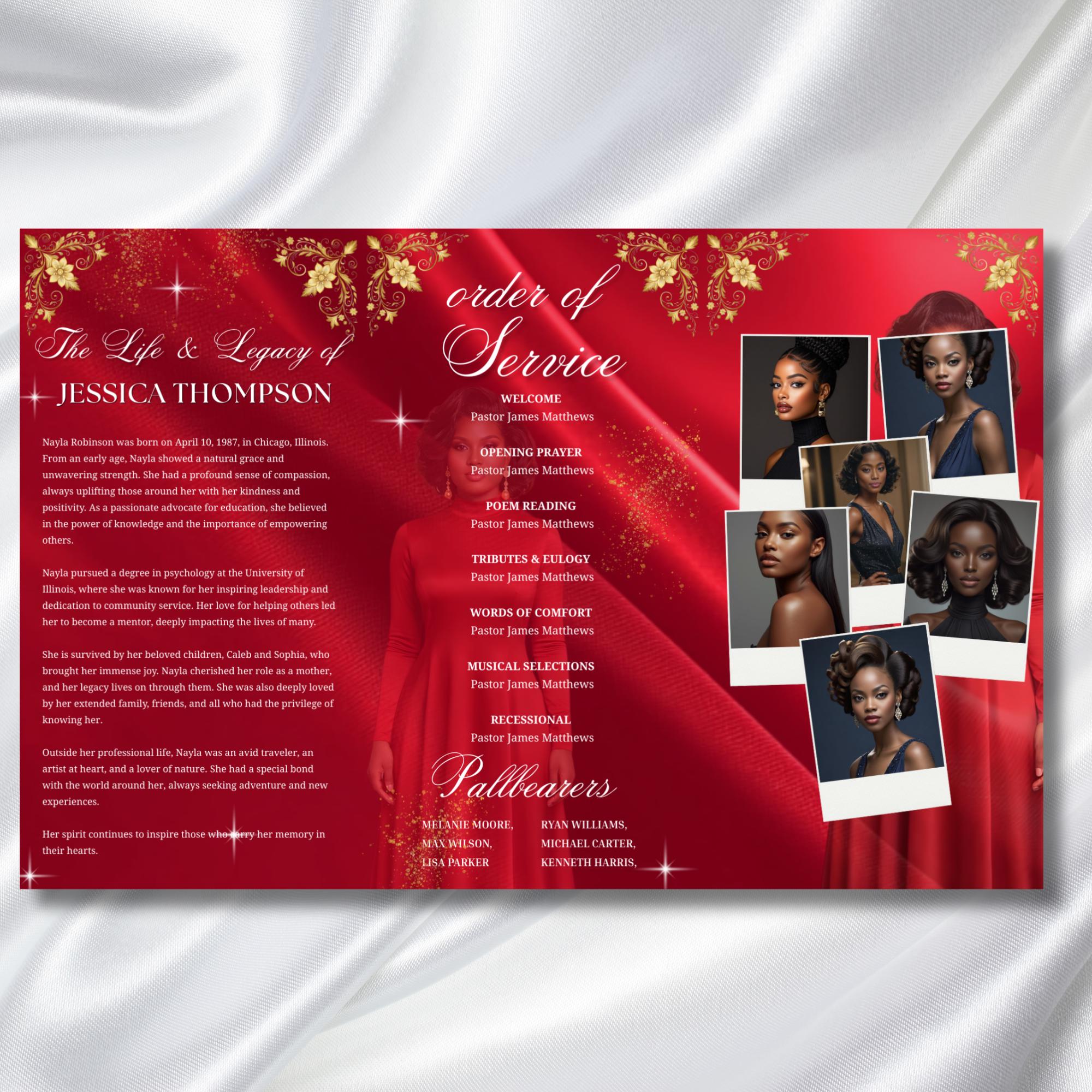 In Loving Memory TriFold Red Funeral Program Template, TriFold 17x11 Program, Celebration of Life Obituary Program, Memorial Funeral Program - Editable Memorial Canva Template