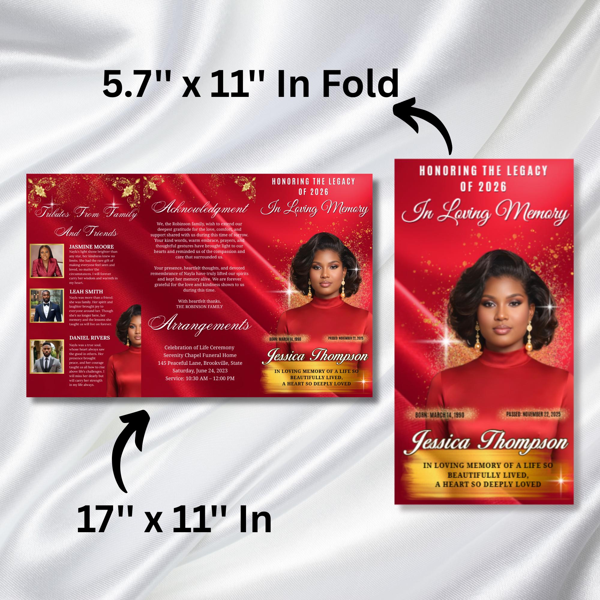 In Loving Memory TriFold Red Funeral Program Template, TriFold 17x11 Program, Celebration of Life Obituary Program, Memorial Funeral Program - Editable Memorial Canva Template