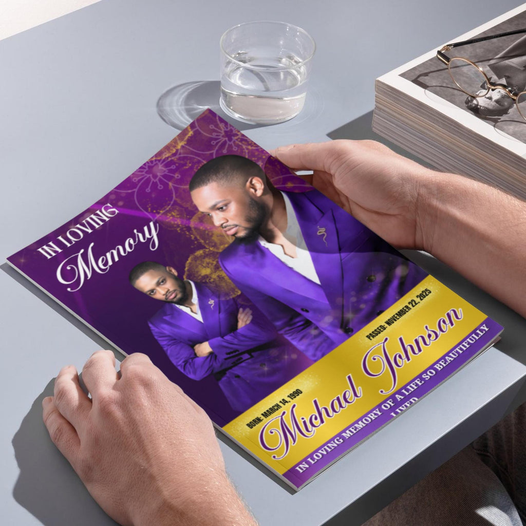 08 Purple In Loving Memory Funeral Program Template, Editable Bifold 11x8.5” Design, Obituary Celebration Of Life, Digital Download - Editable Memorial Canva Template