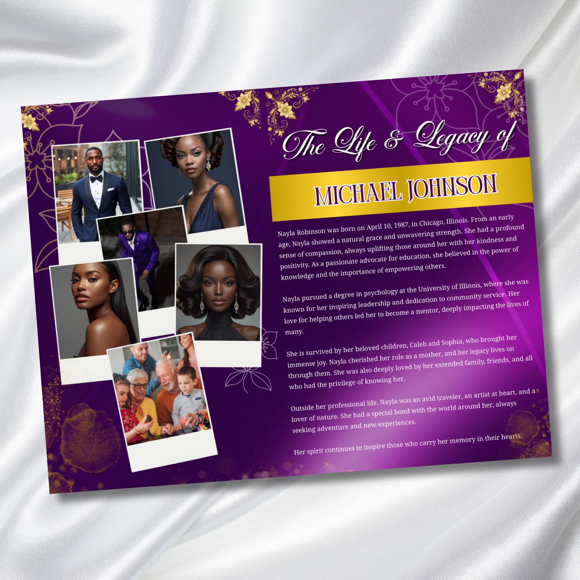 08 Purple In Loving Memory Funeral Program Template, Editable Bifold 11x8.5” Design, Obituary Celebration Of Life, Digital Download - Editable Memorial Canva Template