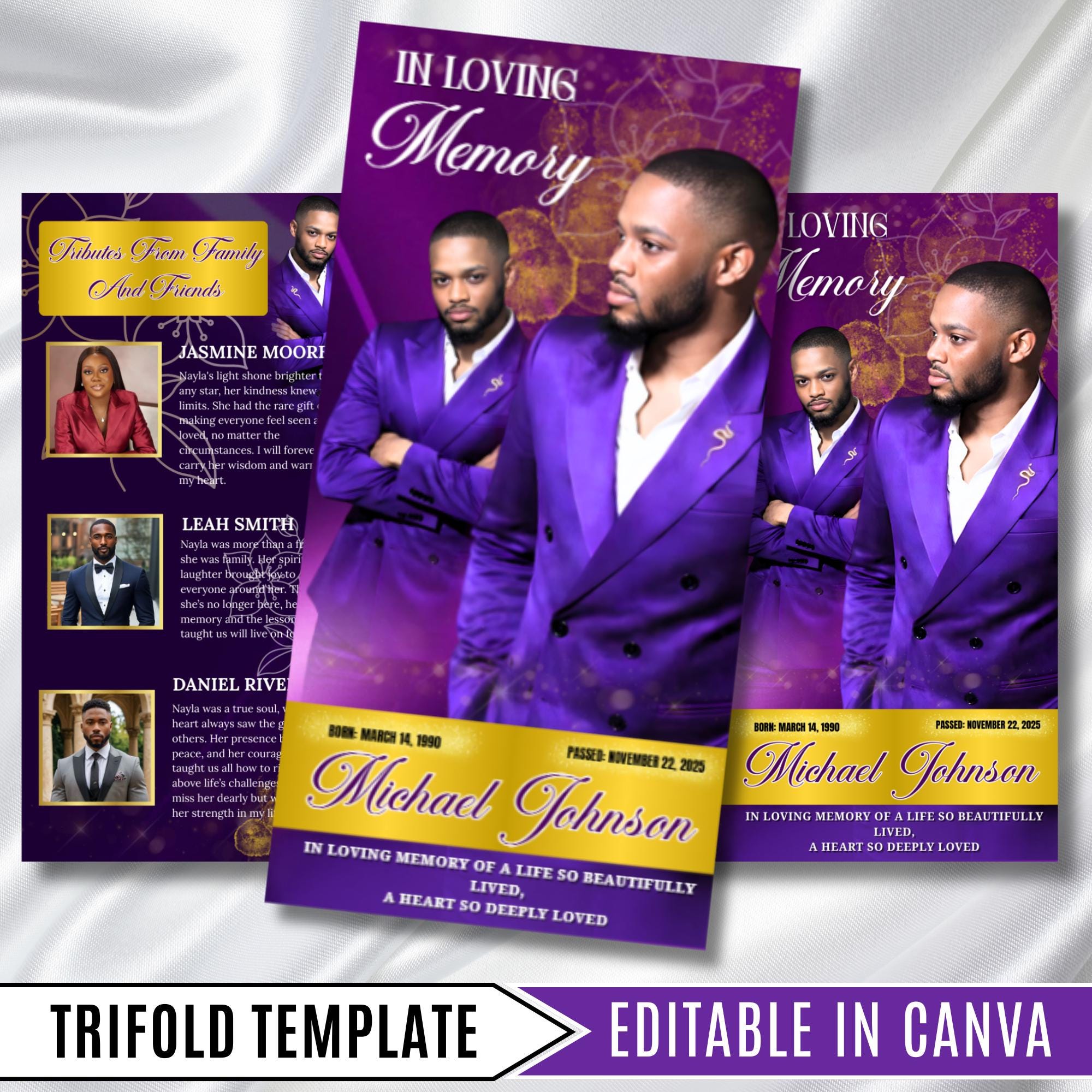 In Loving Memory Purple Funeral Program Template, Editable TriFold 17x11 Program, Celebration of Life Obituary Program, Digital Download - Editable Memorial Canva Template