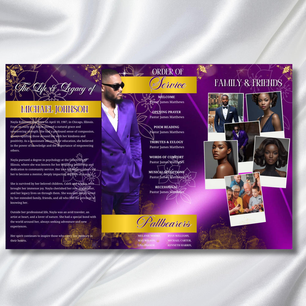In Loving Memory Purple Funeral Program Template, Editable TriFold 17x11 Program, Celebration of Life Obituary Program, Digital Download - Editable Memorial Canva Template