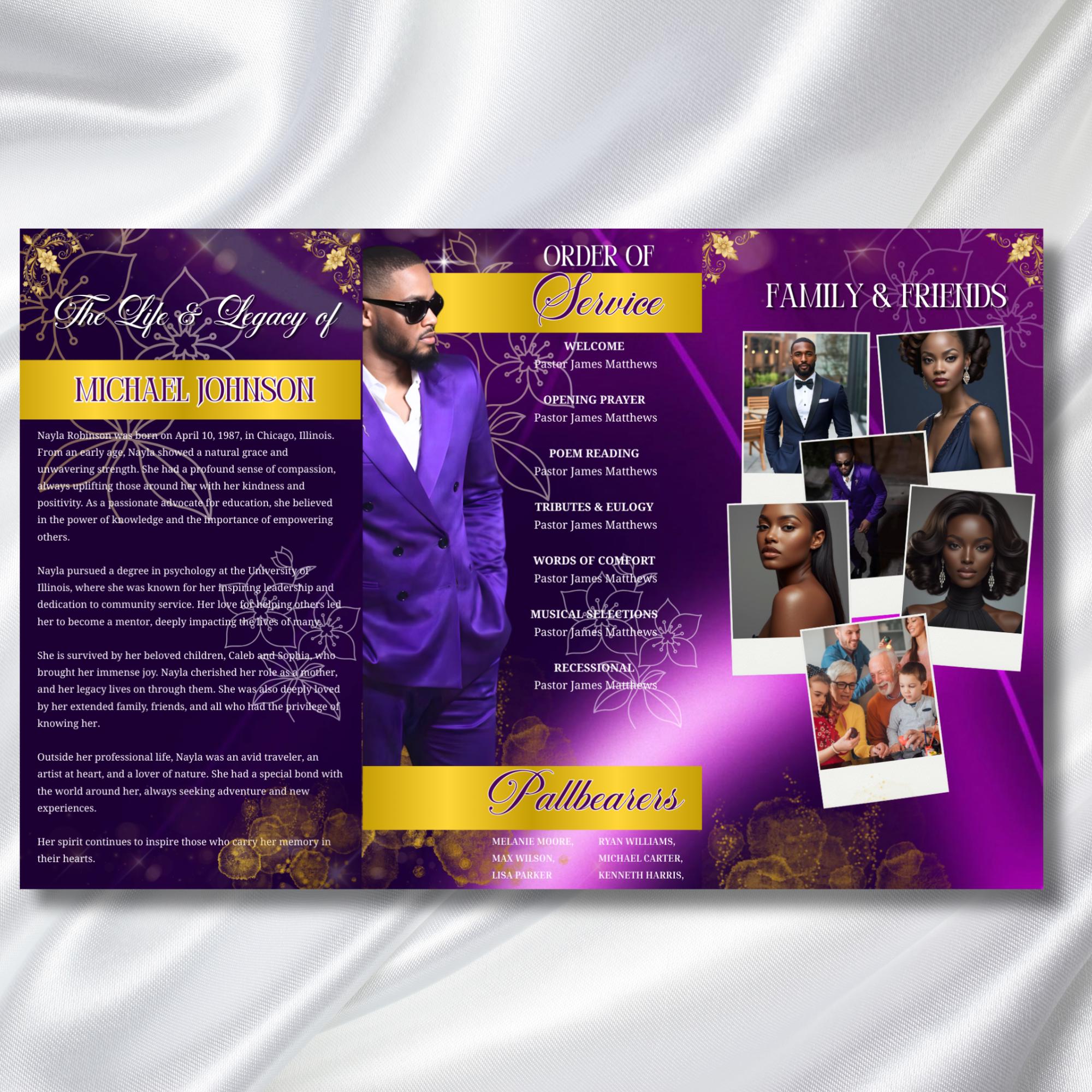 In Loving Memory Purple Funeral Program Template, Editable TriFold 17x11 Program, Celebration of Life Obituary Program, Digital Download - Editable Memorial Canva Template