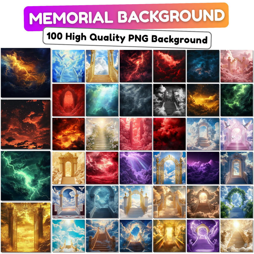 100 Memorial Heaven Backgrounds Png Bundle, Memorial Backgrounds, In Loving Memory Backgrounds, Heaven Stair Steps & Gate, Rest In Peace - Editable Memorial Canva Template