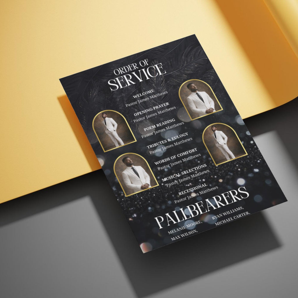 08 Black In Loving Memory Funeral Program Template, Memorial Editable Bifold 11x8.5” Design, Obituary Celebration Of Life, Digital Download - Editable Memorial Canva Template