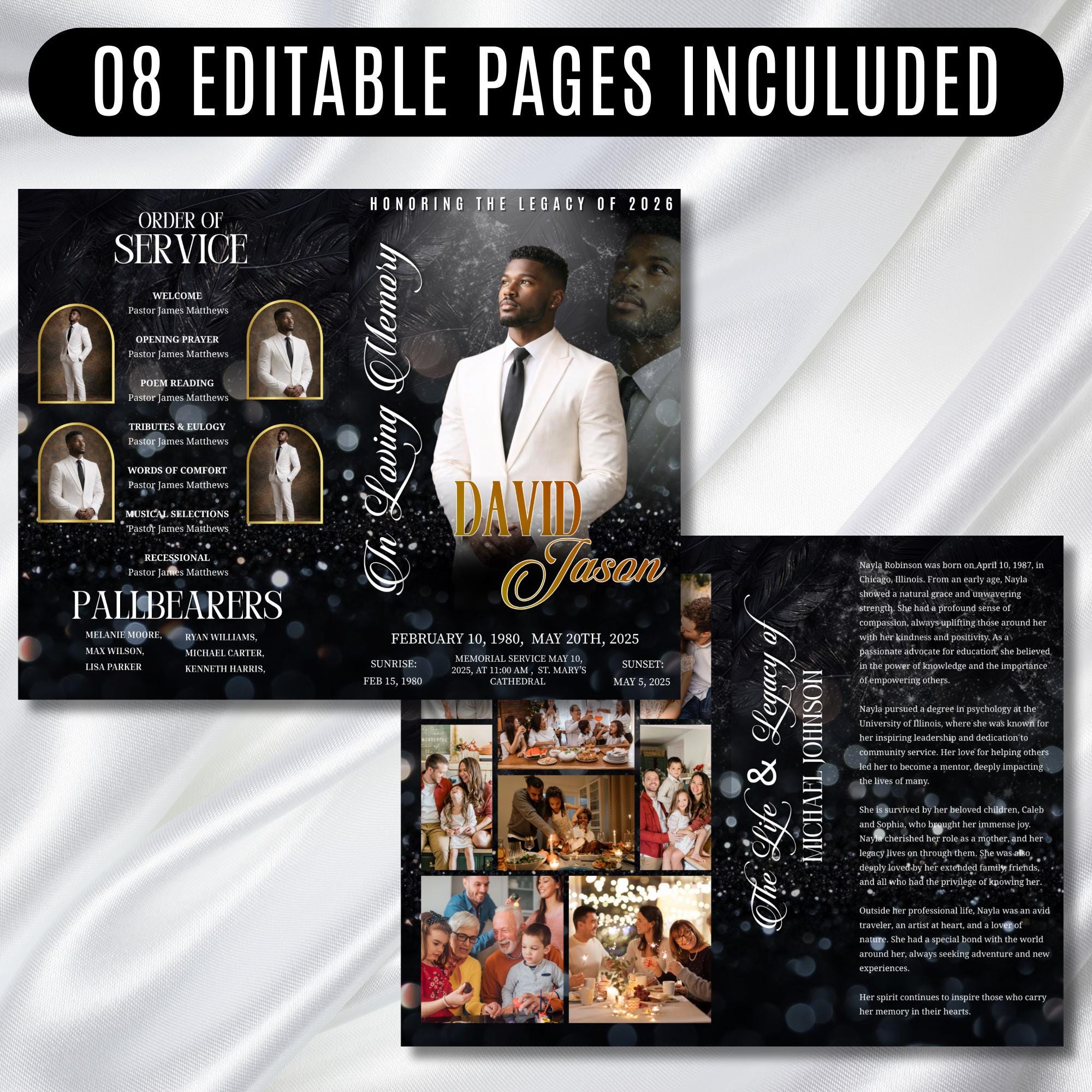 08 Black In Loving Memory Funeral Program Template, Memorial Editable Bifold 11x8.5” Design, Obituary Celebration Of Life, Digital Download - Editable Memorial Canva Template