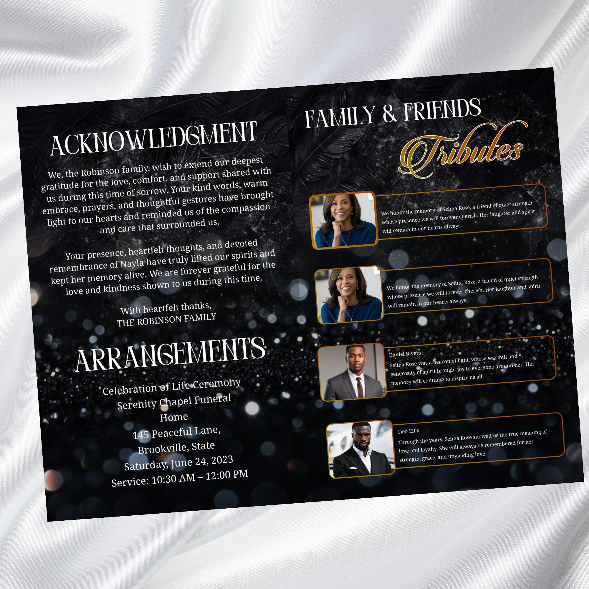 08 Black In Loving Memory Funeral Program Template, Memorial Editable Bifold 11x8.5” Design, Obituary Celebration Of Life, Digital Download - Editable Memorial Canva Template
