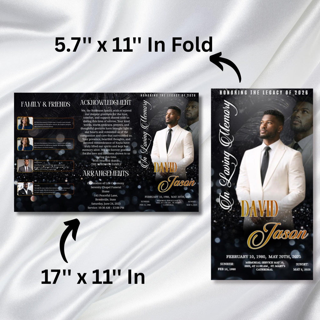 In Loving Memory Black Funeral Program Template, Editable TriFold 17x11 Program, Celebration of Life Obituary Program, Digital Download - Editable Memorial Canva Template