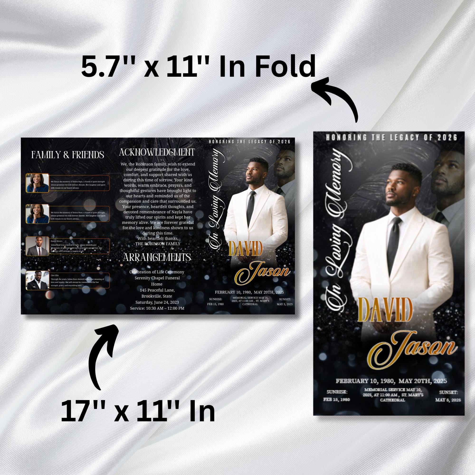 In Loving Memory Black Funeral Program Template, Editable TriFold 17x11 Program, Celebration of Life Obituary Program, Digital Download - Editable Memorial Canva Template
