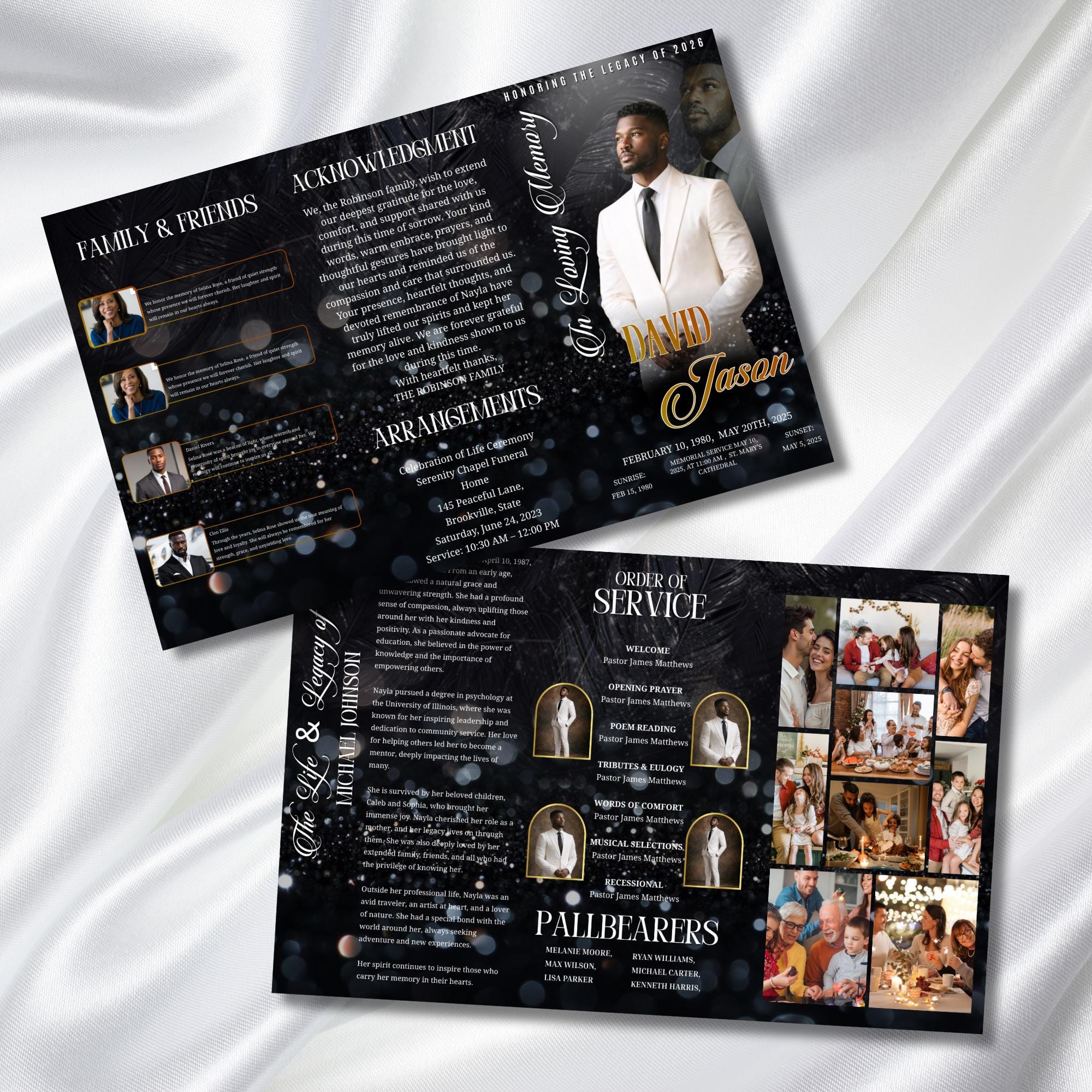 In Loving Memory Black Funeral Program Template, Editable TriFold 17x11 Program, Celebration of Life Obituary Program, Digital Download - Editable Memorial Canva Template