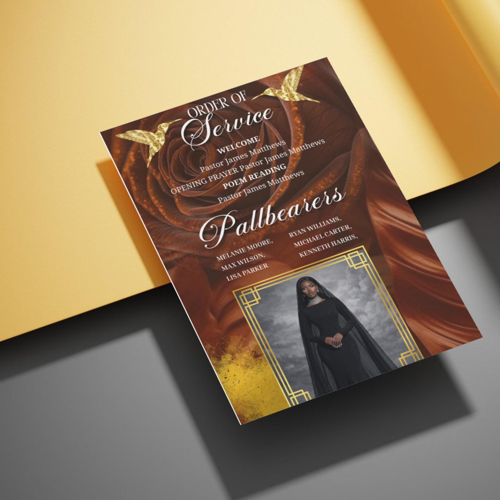 08 Brown In Loving Memory Funeral Program Template, Memorial Editable Bifold 11x8.5” Design, Obituary Celebration Of Life, Digital Download - Editable Memorial Canva Template