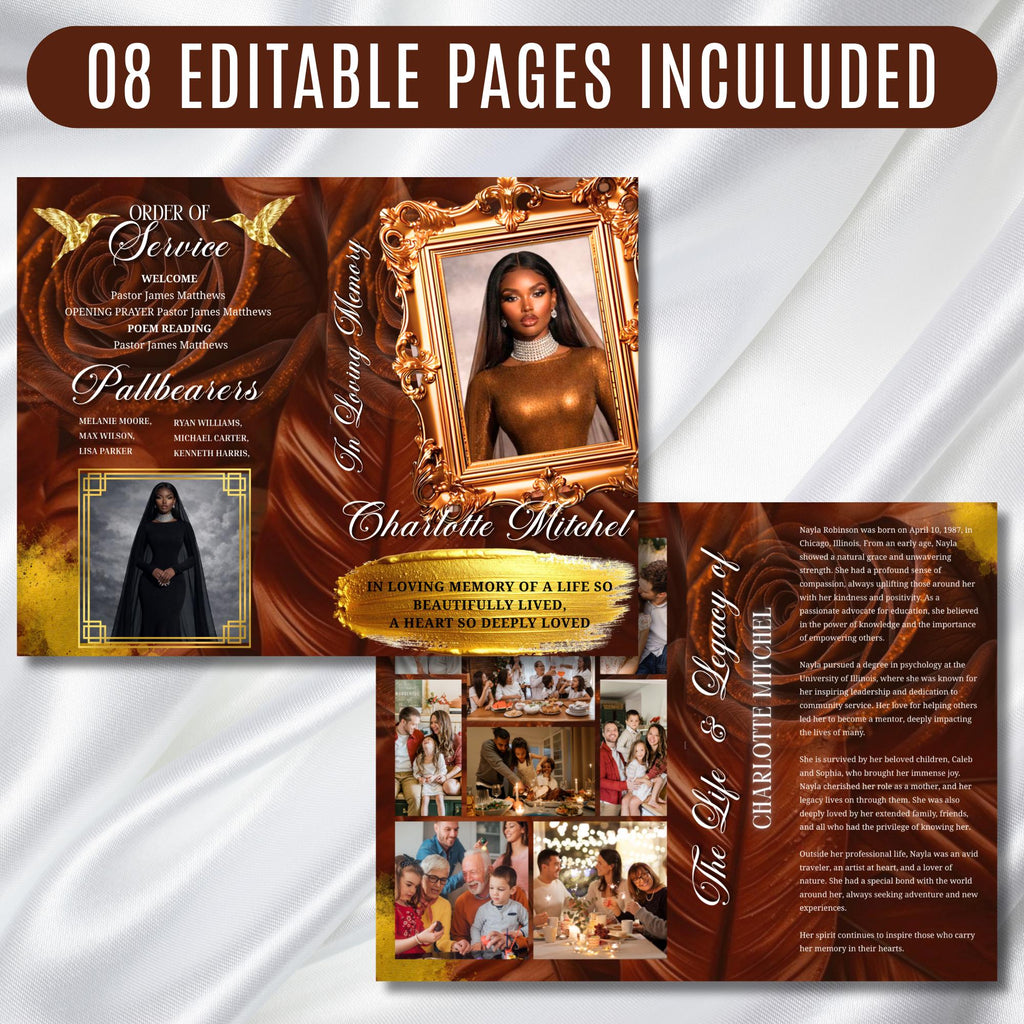 08 Brown In Loving Memory Funeral Program Template, Memorial Editable Bifold 11x8.5” Design, Obituary Celebration Of Life, Digital Download - Editable Memorial Canva Template