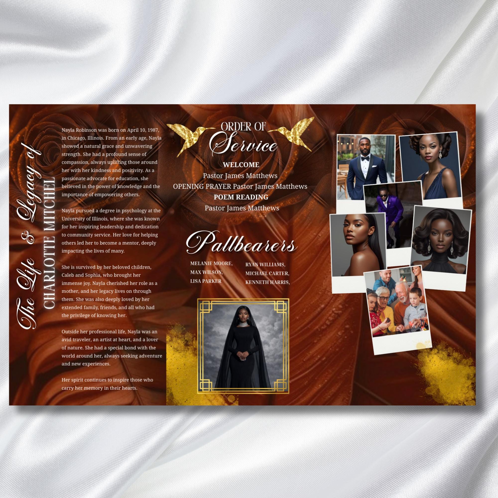In Loving Memory Brown Funeral Program Template, Editable TriFold 17x11 Program, Celebration of Life Obituary Program, Digital Download - Editable Memorial Canva Template