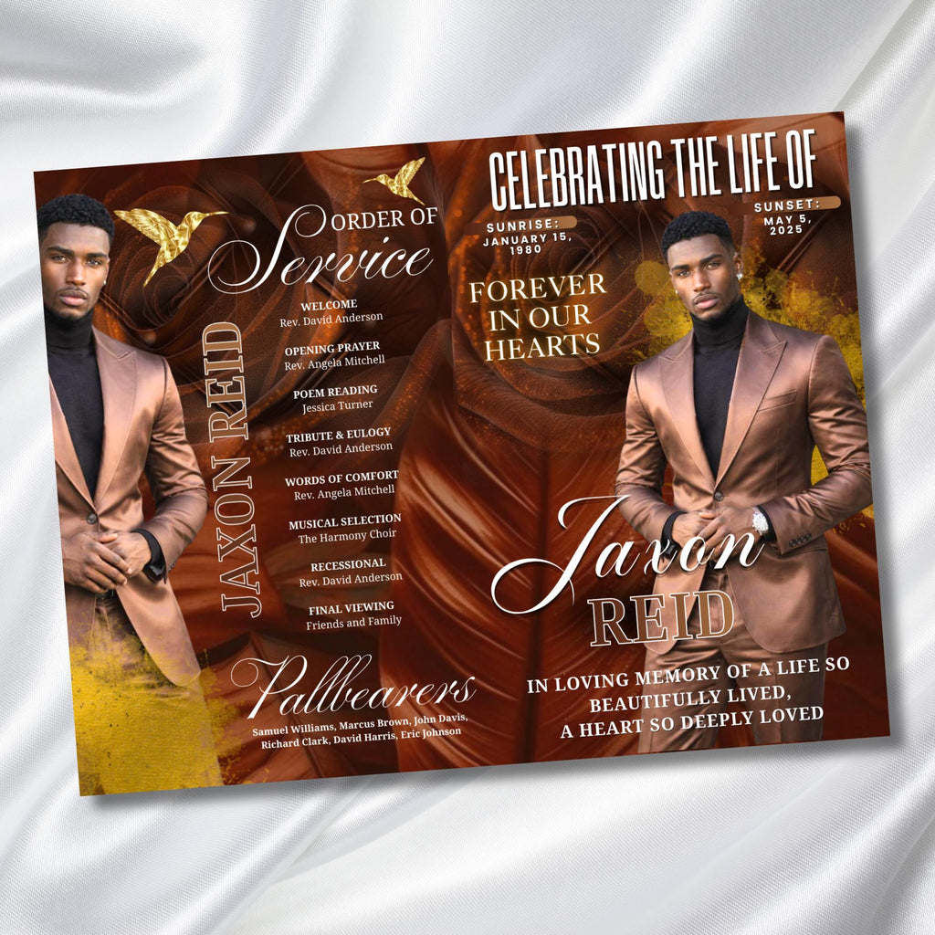 08 Brown In Loving Memory Funeral Program Template, Memorial Editable Bifold 11x8.5” Design, Obituary Celebration Of Life, Digital Download - Editable Memorial Canva Template