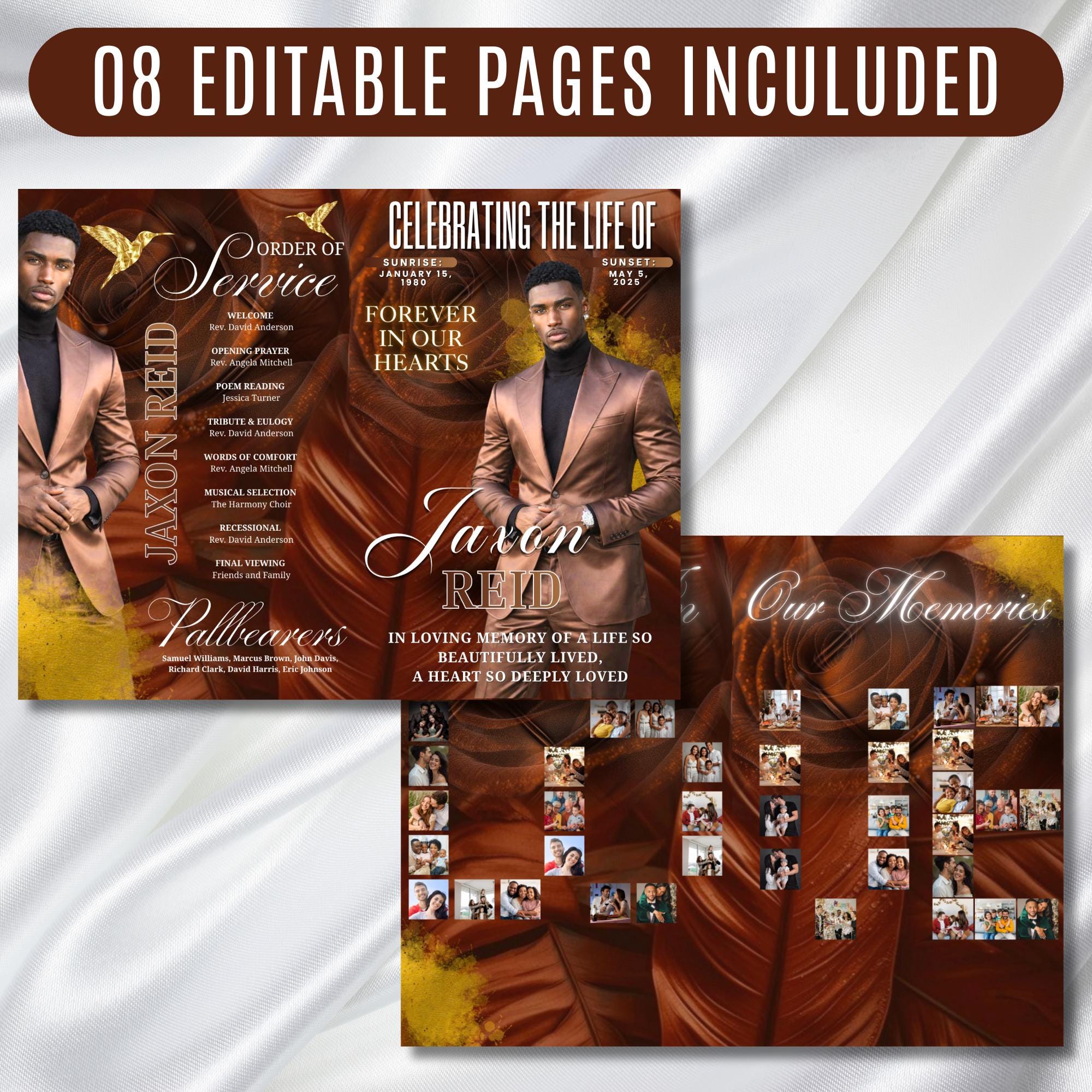 08 Brown In Loving Memory Funeral Program Template, Memorial Editable Bifold 11x8.5” Design, Obituary Celebration Of Life, Digital Download - Editable Memorial Canva Template
