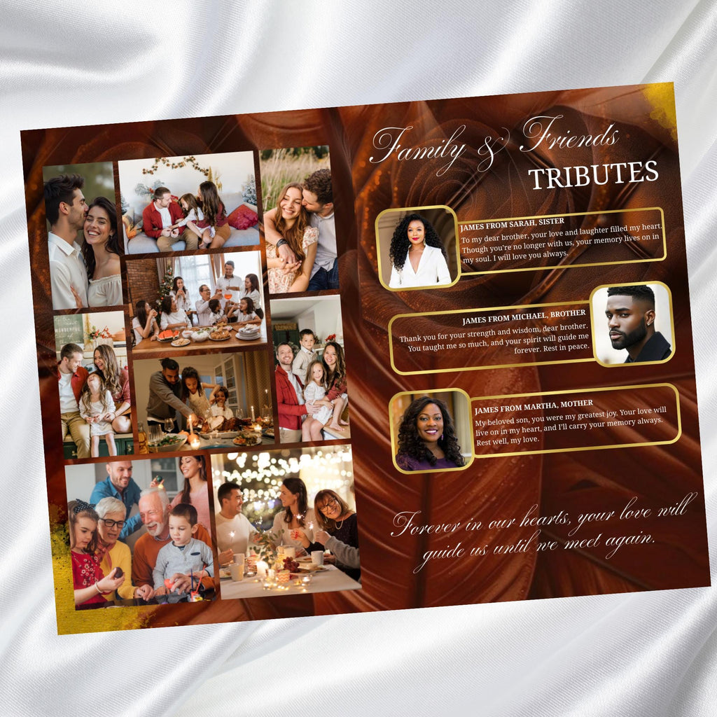 08 Brown In Loving Memory Funeral Program Template, Memorial Editable Bifold 11x8.5” Design, Obituary Celebration Of Life, Digital Download - Editable Memorial Canva Template
