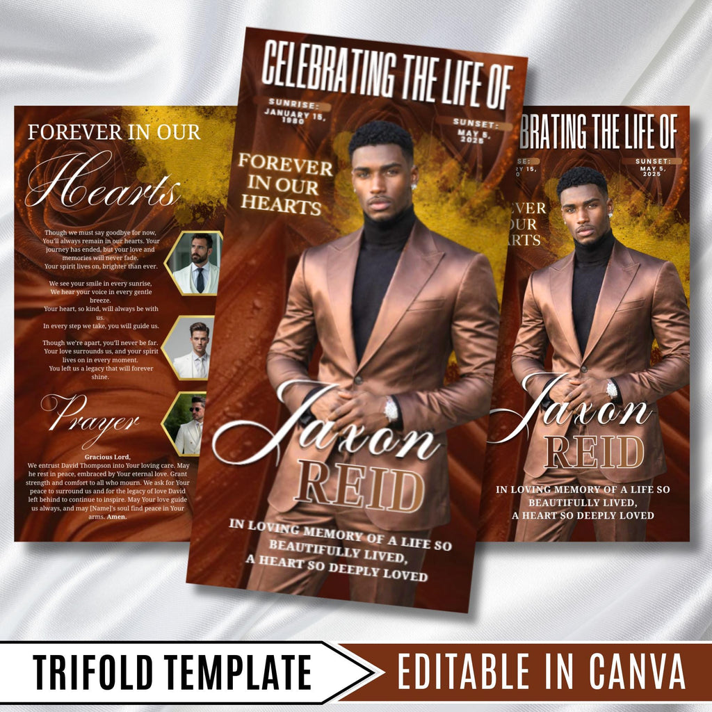 In Loving Memory Brown Funeral Program Template, Editable TriFold 17x11 Program, Celebration of Life Obituary Program, Digital Download - Editable Memorial Canva Template