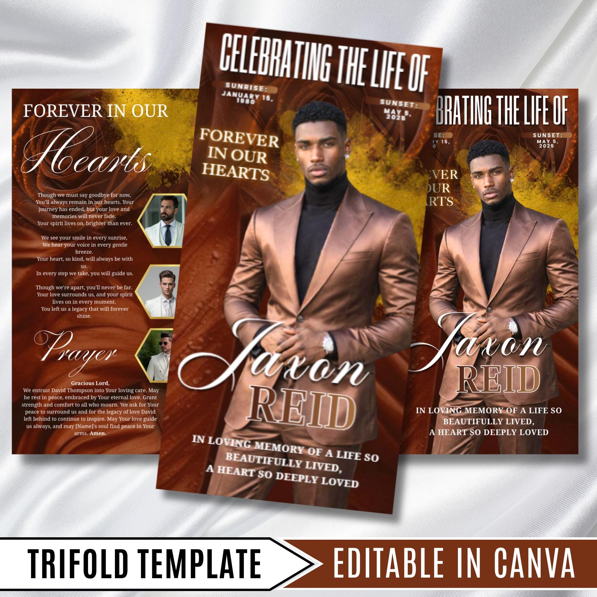 In Loving Memory Brown Funeral Program Template, Editable TriFold 17x11 Program, Celebration of Life Obituary Program, Digital Download - Editable Memorial Canva Template