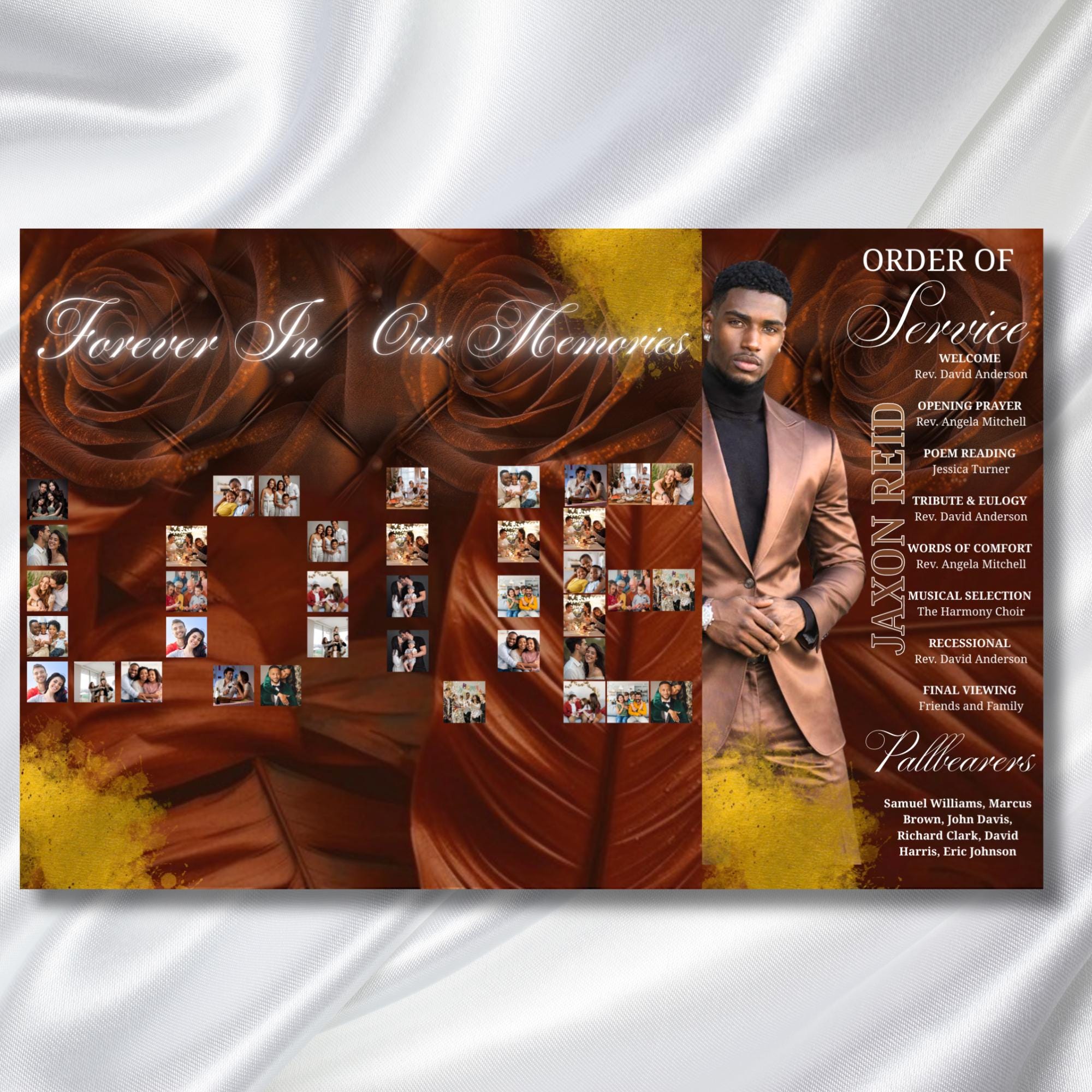 In Loving Memory Brown Funeral Program Template, Editable TriFold 17x11 Program, Celebration of Life Obituary Program, Digital Download - Editable Memorial Canva Template