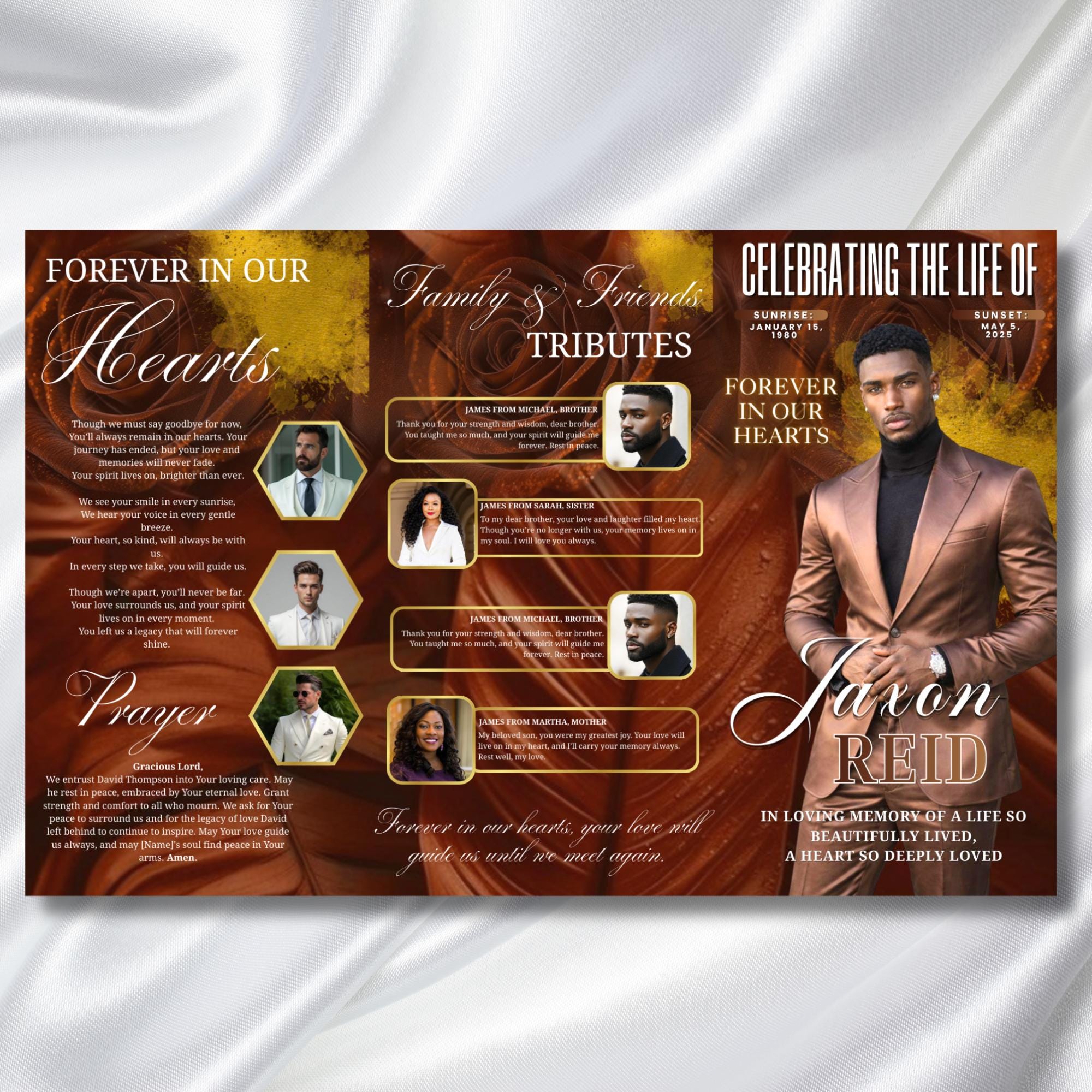 In Loving Memory Brown Funeral Program Template, Editable TriFold 17x11 Program, Celebration of Life Obituary Program, Digital Download - Editable Memorial Canva Template
