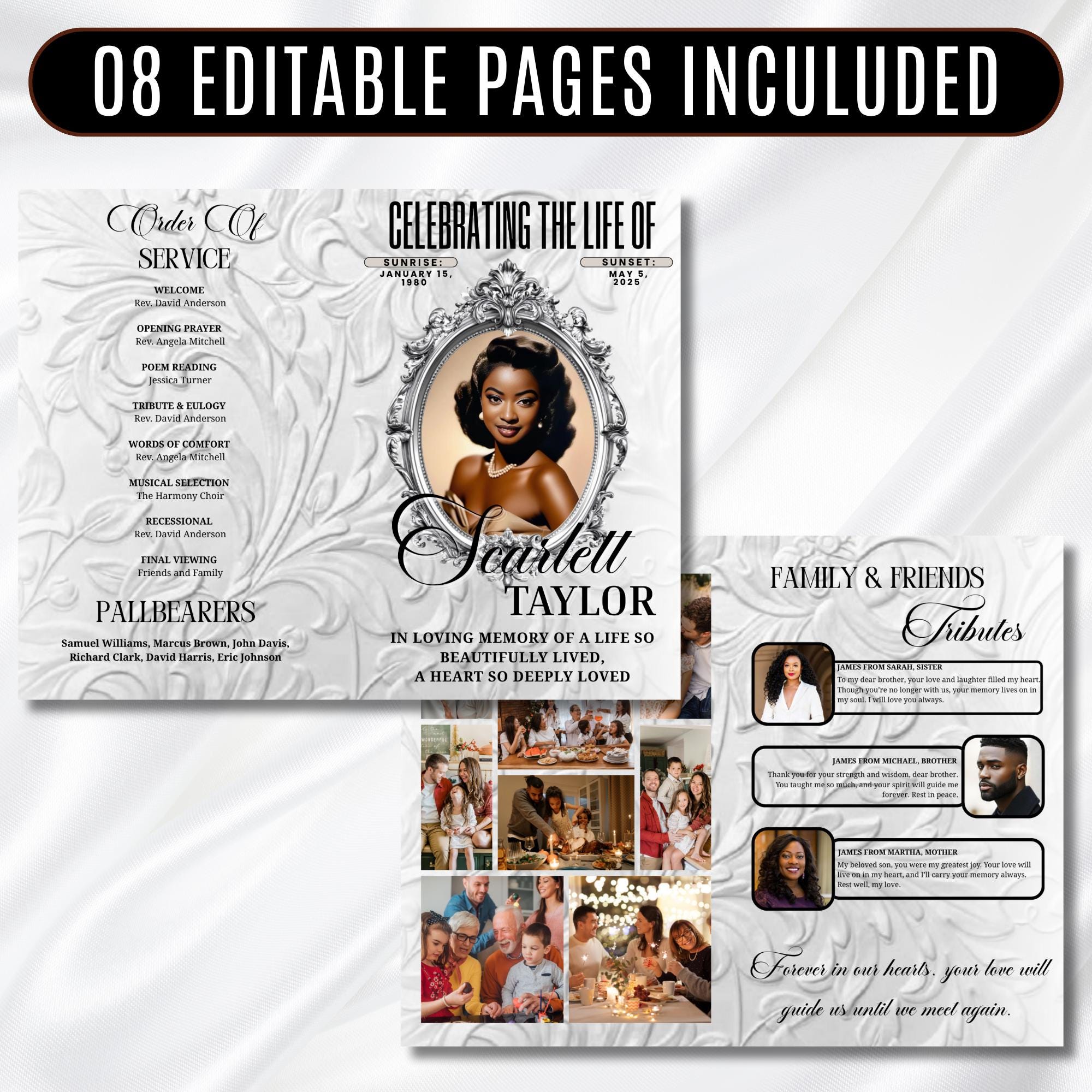 08 Pages Cream White Funeral Program Template, Memorial Editable Bifold 11x8.5” Design, Obituary Celebration Of Life, Digital Download - Editable Memorial Canva Template