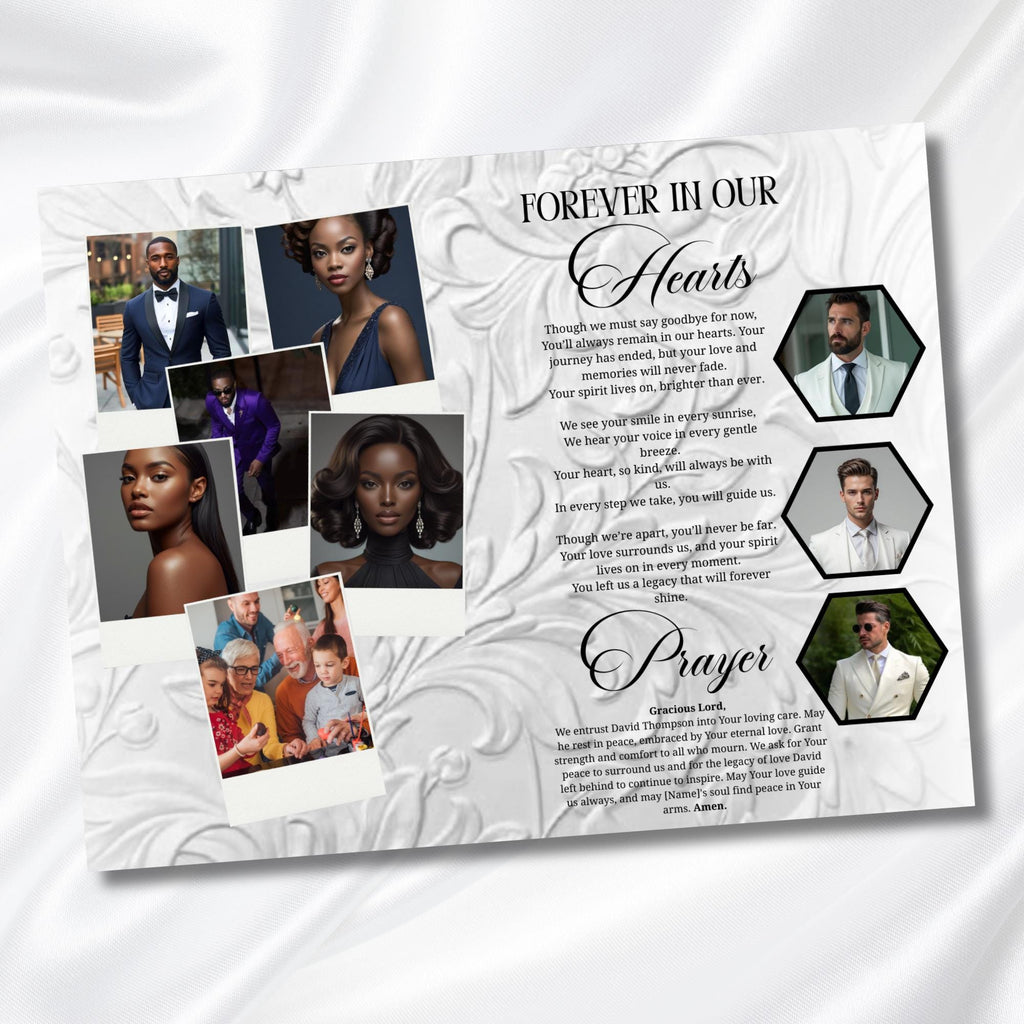08 Pages Cream White Funeral Program Template, Memorial Editable Bifold 11x8.5” Design, Obituary Celebration Of Life, Digital Download - Editable Memorial Canva Template