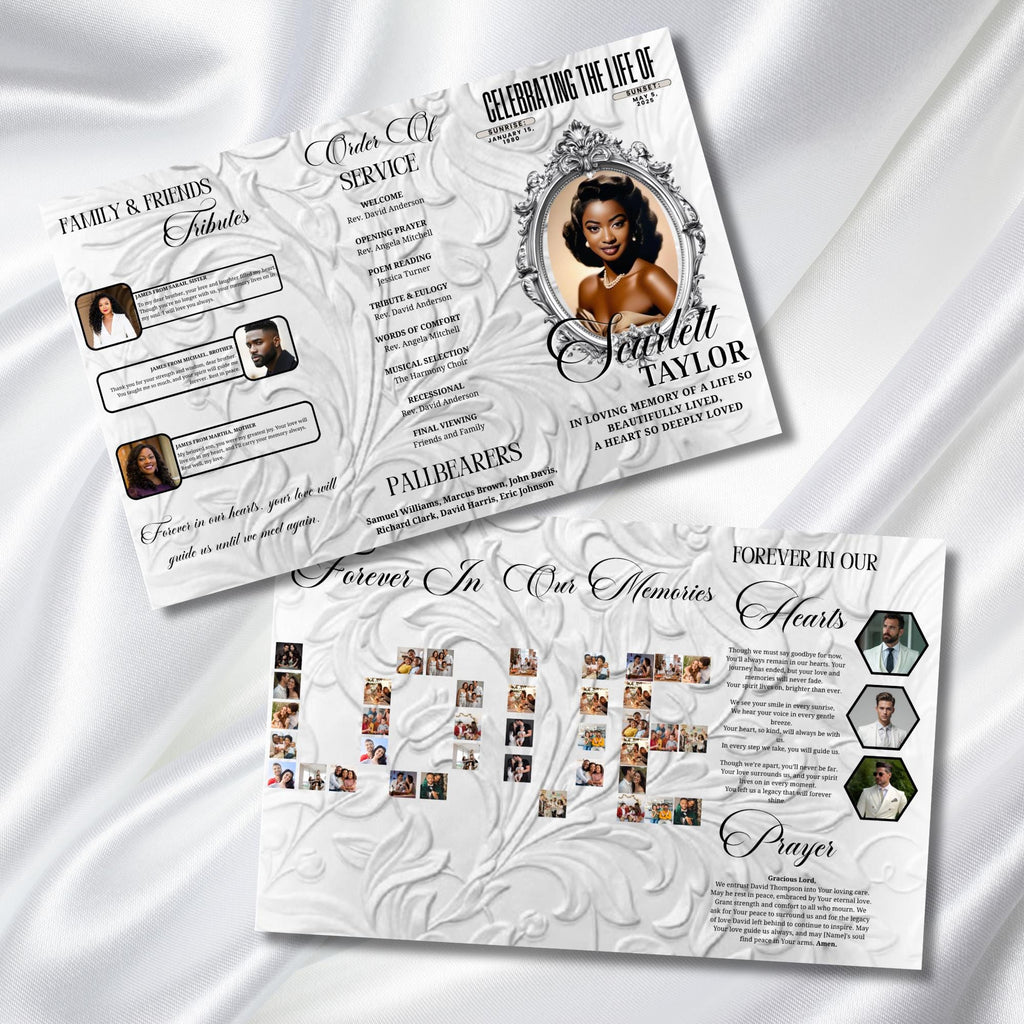 08 Memorial Cream White Funeral Program Template, Editable TriFold 17x11 Program, Celebration of Life Obituary Program, Digital Download - Editable Memorial Canva Template