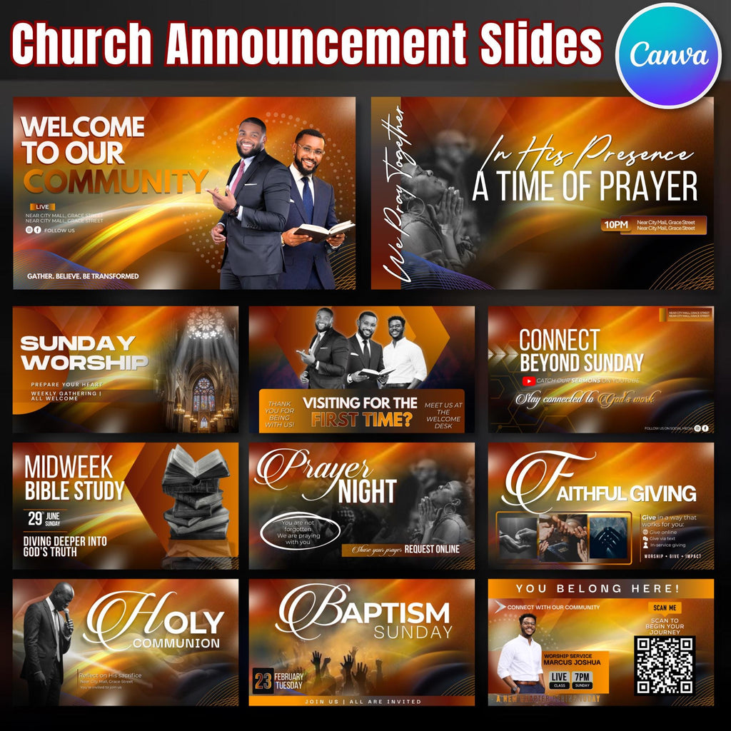 12 Church Announcement Slides Canva Editable Template, Pre Service Slides Modern Gradients Template, Church Welcome Livestream Presentation - Editable Memorial Canva Template