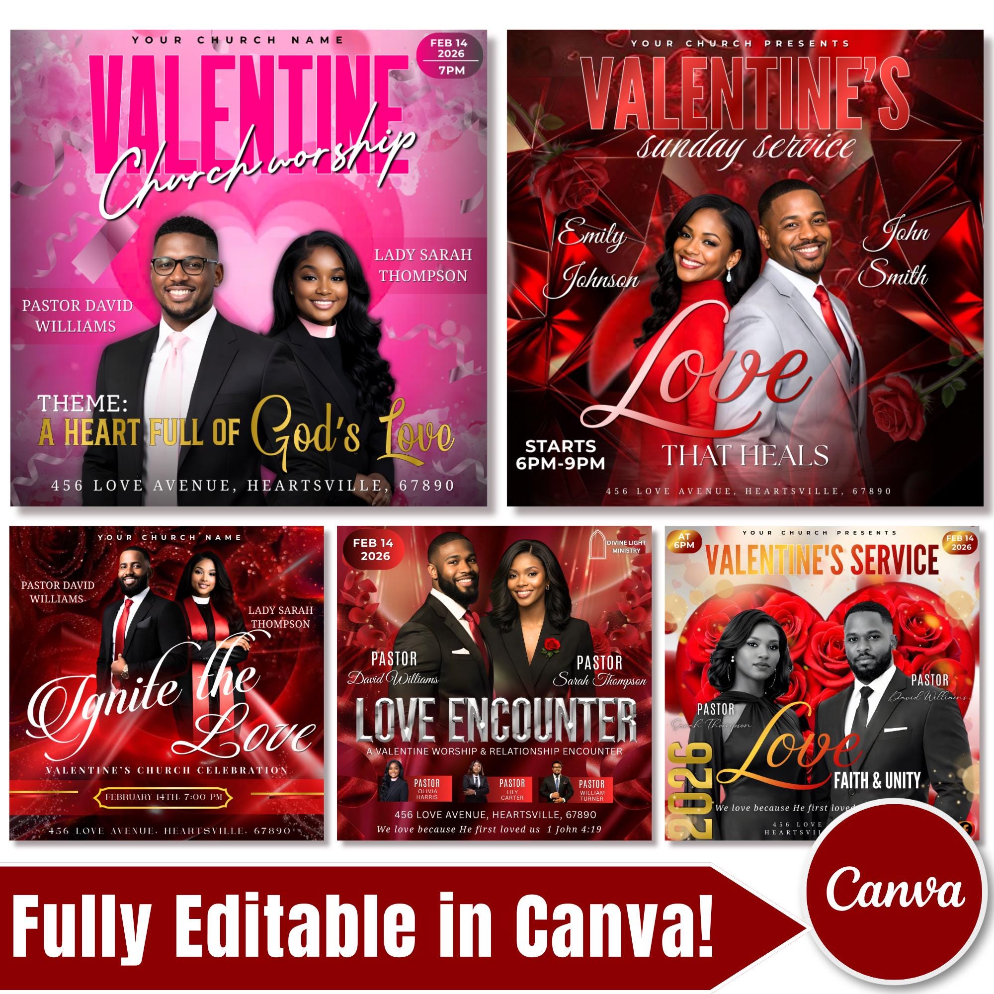 05 Valentine's Day Church Flyer Canva Editable Template, Pastoral Anniversary Flyer, Church Program Template, Valentine Sunday Service Flyer - Editable Memorial Canva Template